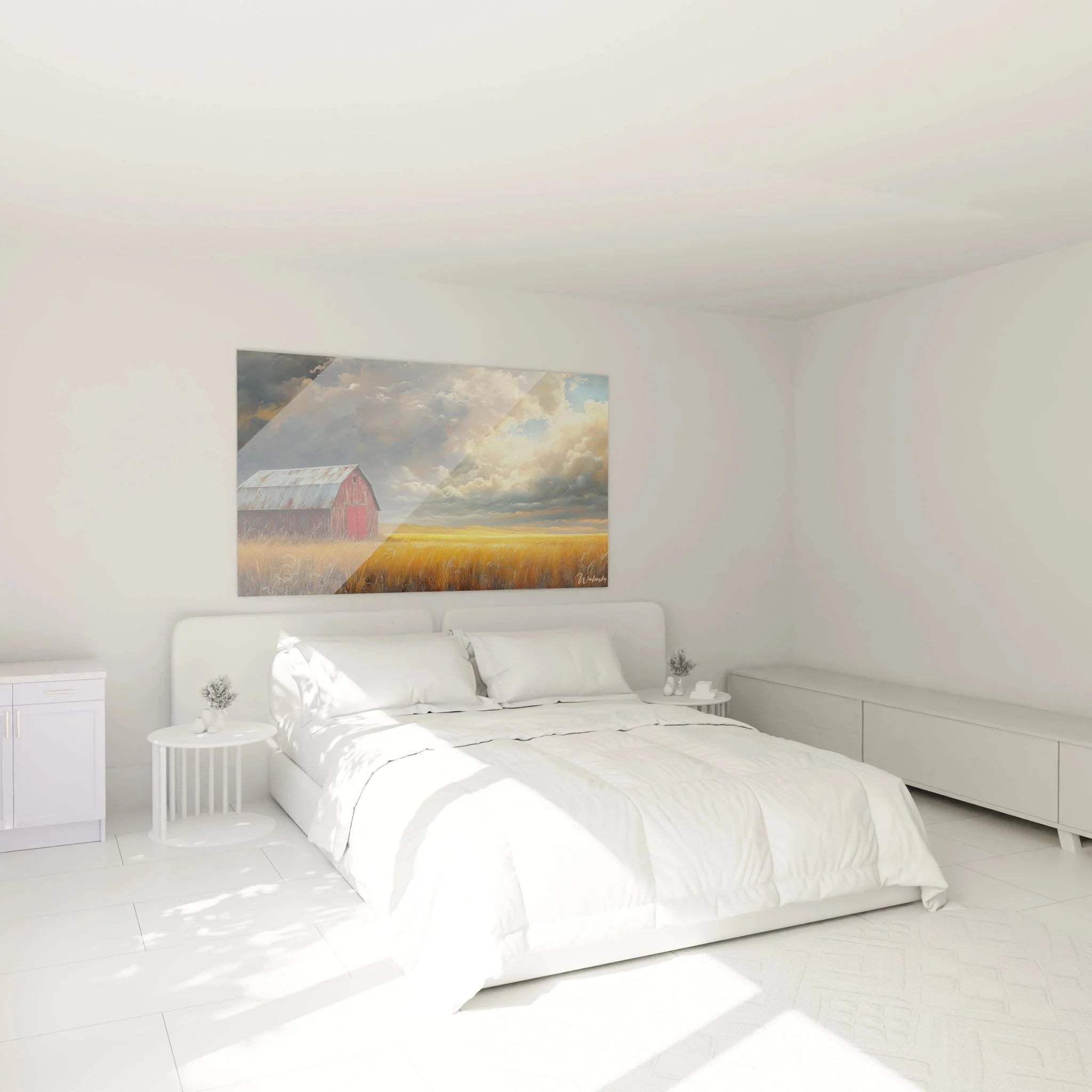 Wandbild XXL Scheune in Schlafzimmer Ambiente - rustikale Landschaft Dekoration für Wohnraum
