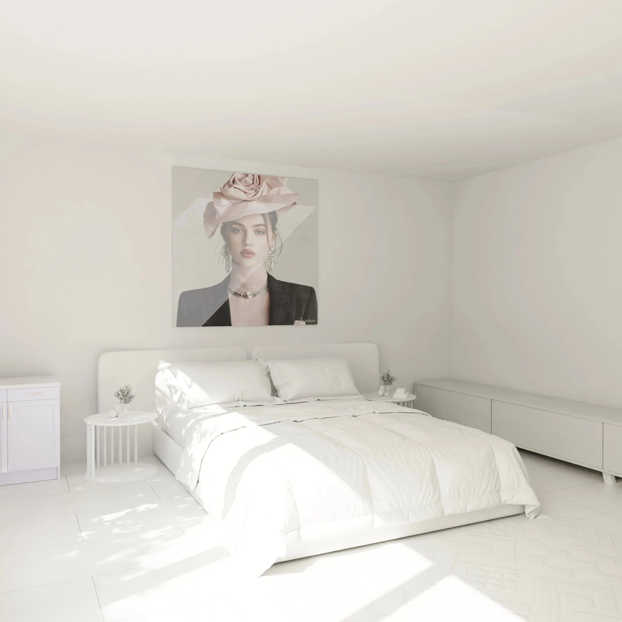 Schlafzimmer Wanddekoration mit elegantem Frauenportrait in rosa Tönen