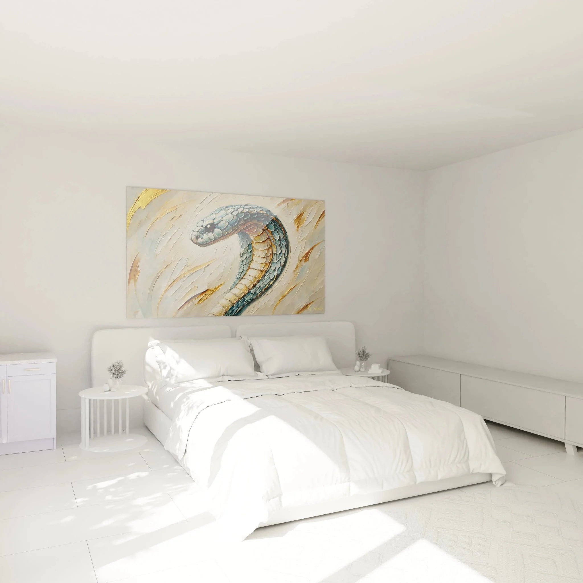 Wandbild Schlange XXL in elegantem Schlafzimmer als stilvolle Wanddekoration über dem Bett