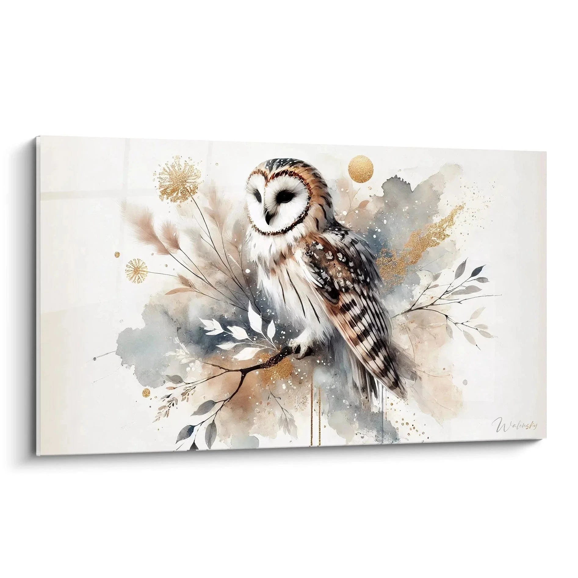 Wandbild Schleiereule Aquarell mit floralen Elementen und goldenen Akzenten - Premium Kunstdruck Edition Eule