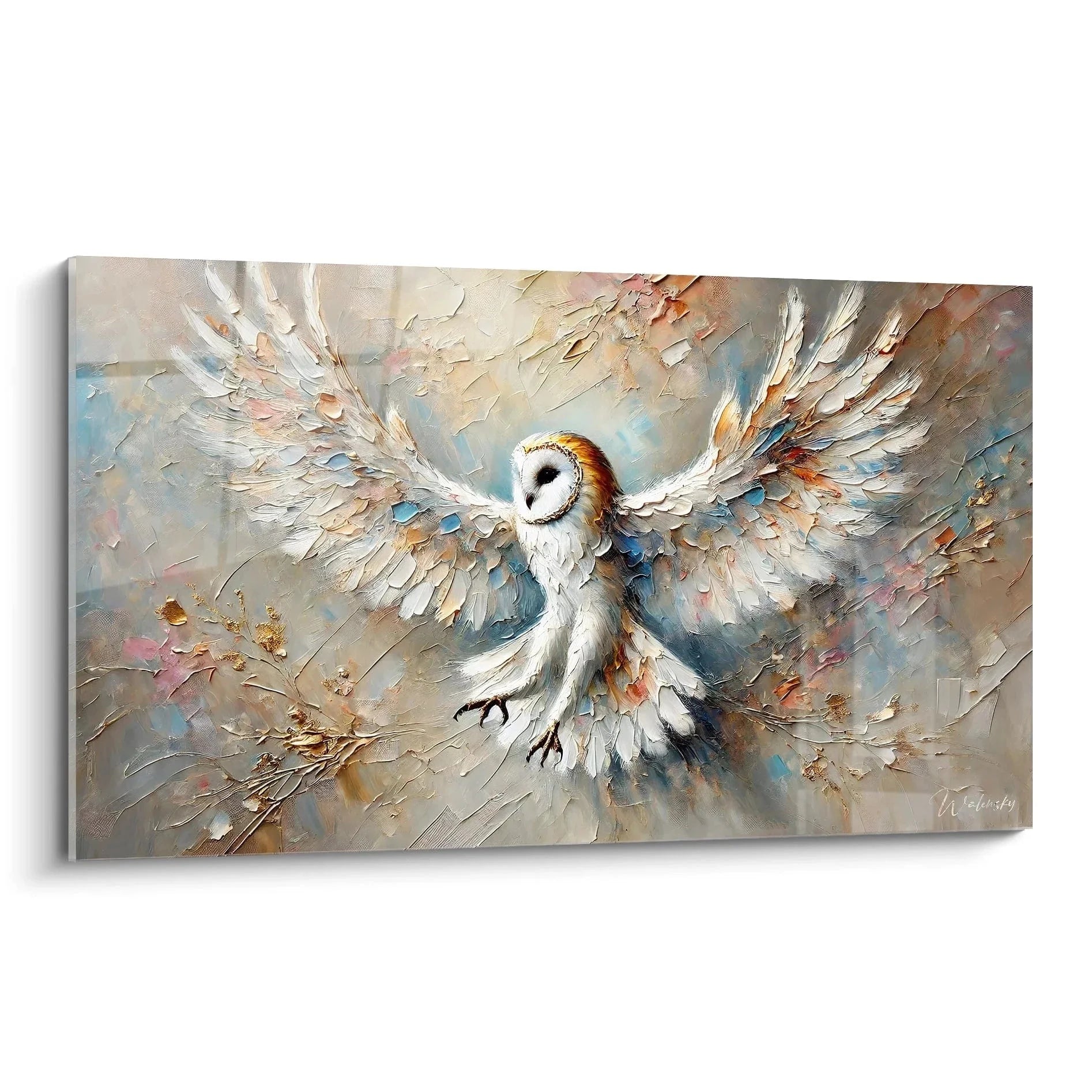 Wandbild Schleiereule im Flug mit ausgebreiteten Flügeln - moderne Eule Kunst XXL Leinwand