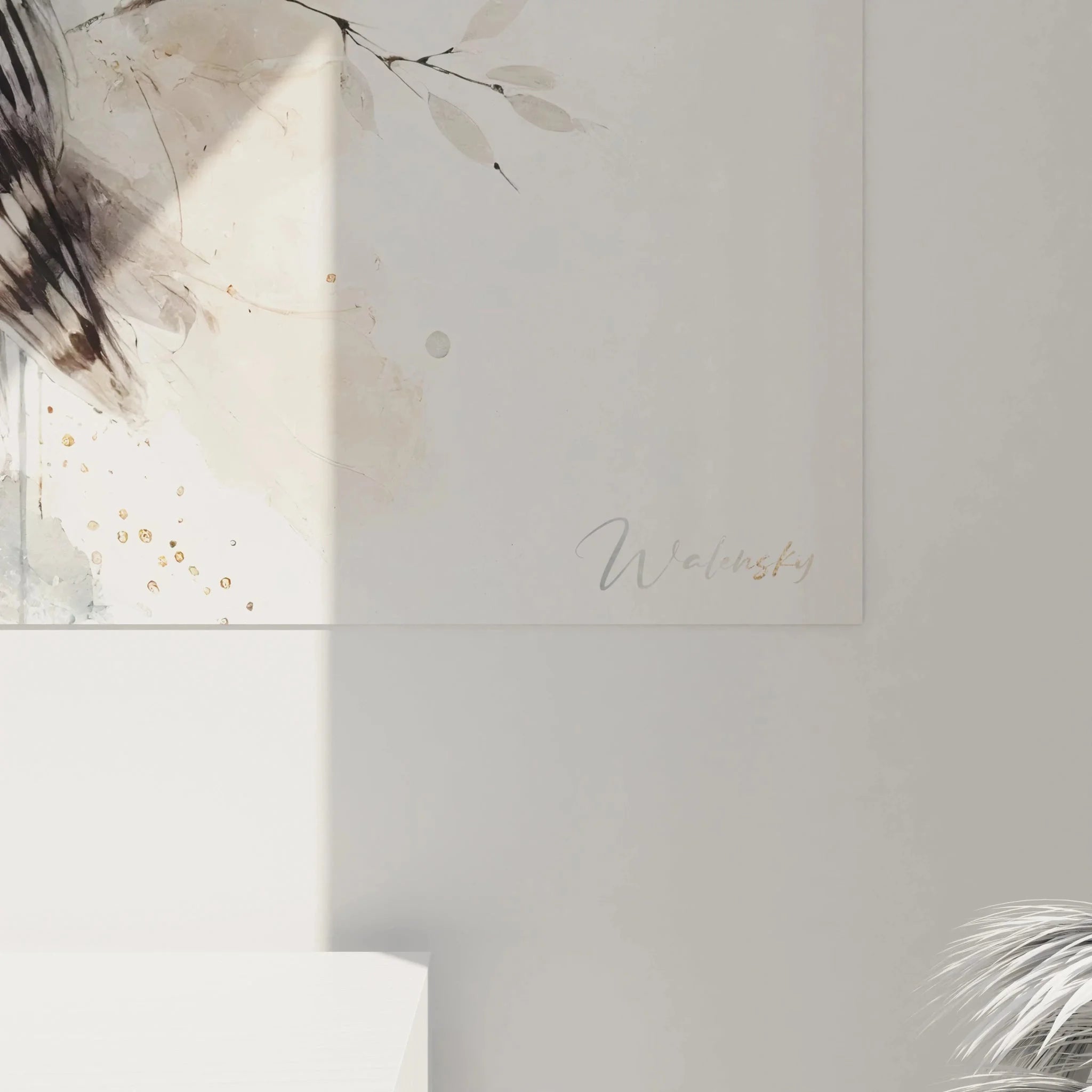 Gesamtansicht Wandbild Schleiereule - komplette Komposition mit floralen Elementen und Farbverläufen