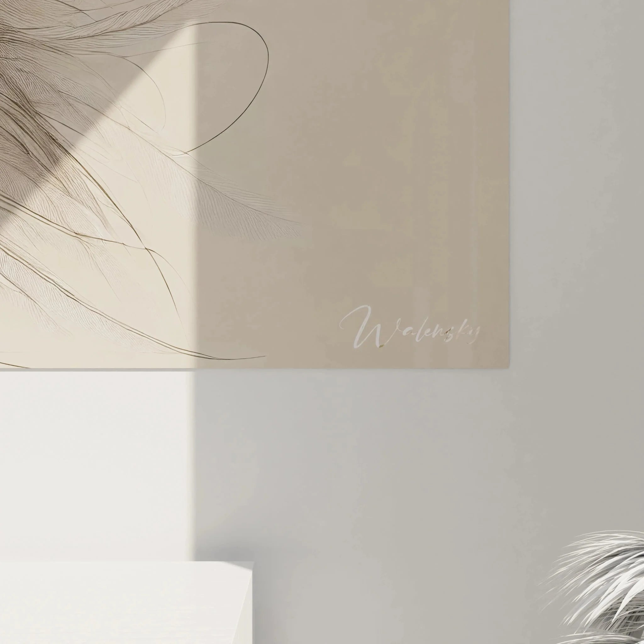 Gesamtansicht Wandbild Schleiereule - moderne Eulenkunst mit fließenden Federn als Wandschmuck