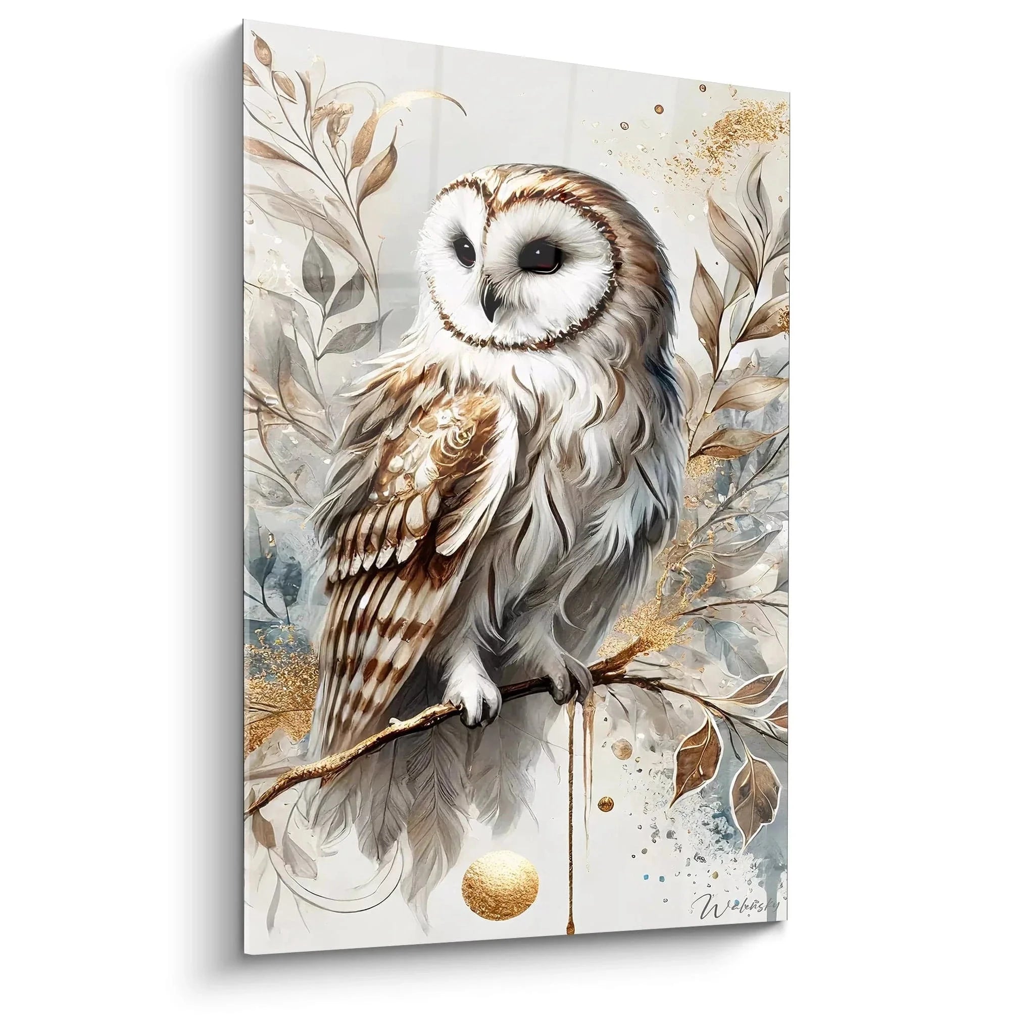 Wandbild Schleiereule mit goldenen Akzenten - elegante Eule Wanddekoration in Brauntönen für moderne Räume