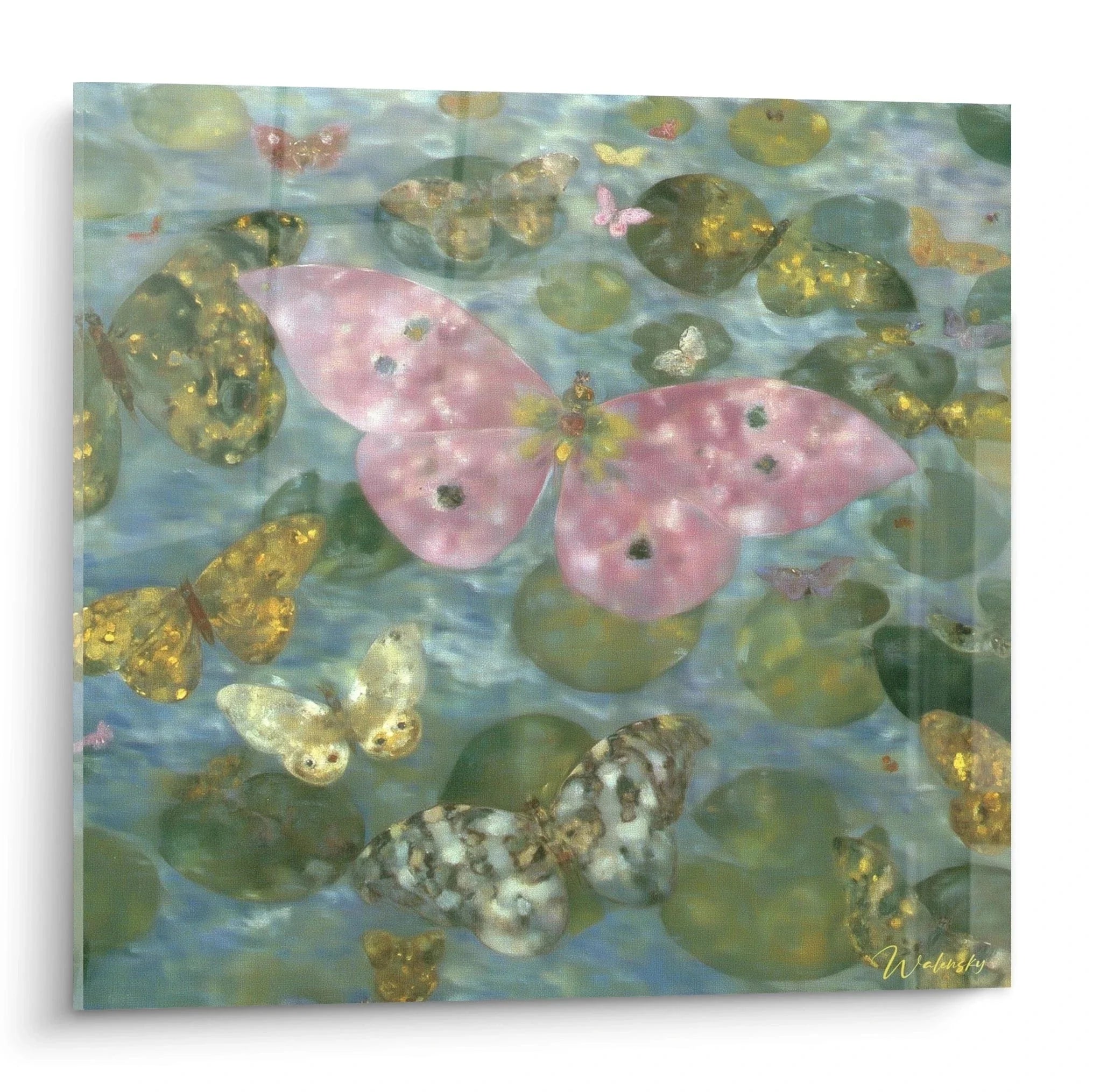 Wandbild Schmetterlinge über Wasser - Symbolistische Kunst mit rosa Faltern und goldenen Akzenten