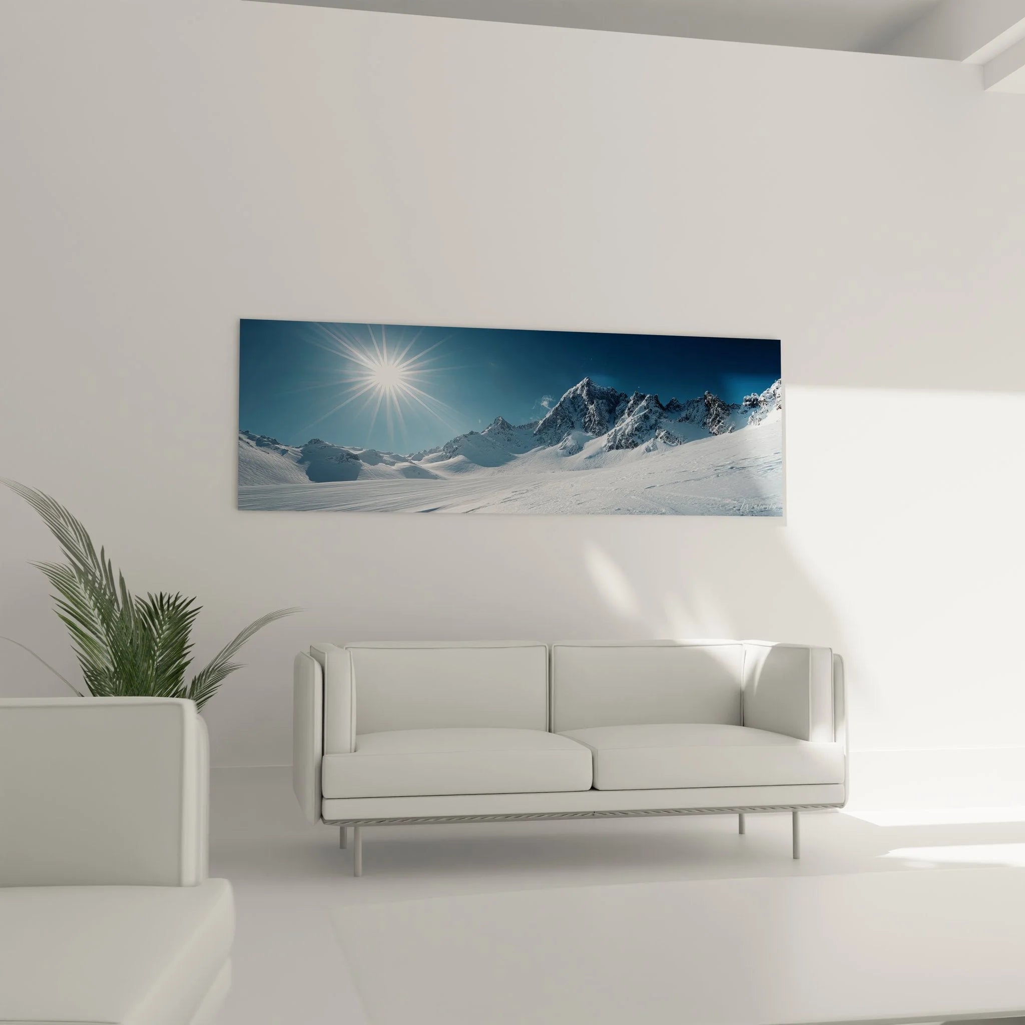 Detailansicht Wandbild Schnee Berge mit intensiven Sonnenstrahlen und verschneiten Alpengipfeln