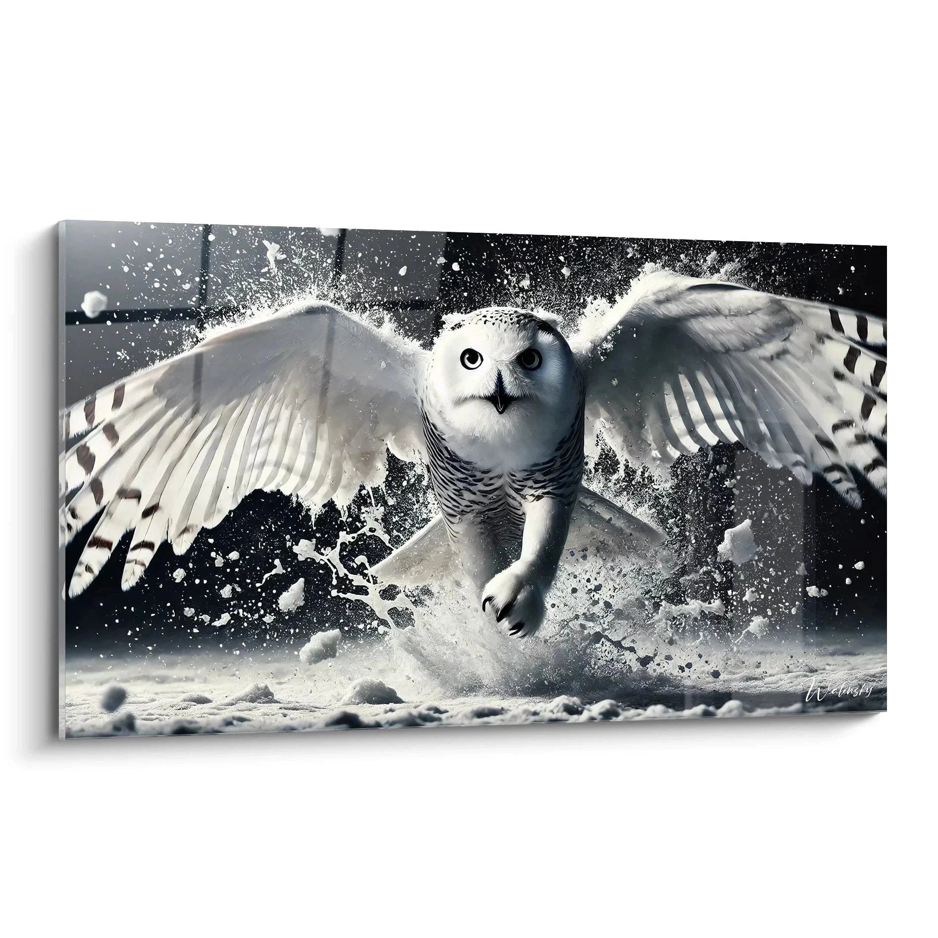 Wandbild Schneeeule im Flug schwarz-weiß mit wirbelndem Schnee Edition Eule Kunstdruck