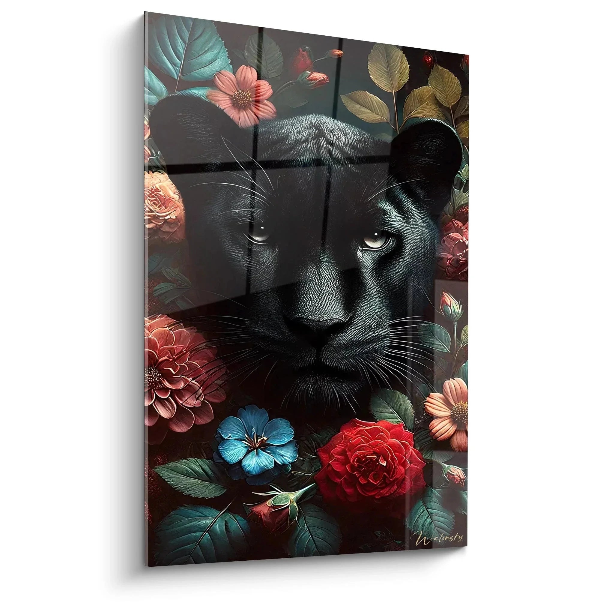 Wandbild schwarzer Panther umgeben von bunten Blüten - florale Wildkatzen Wandkunst
