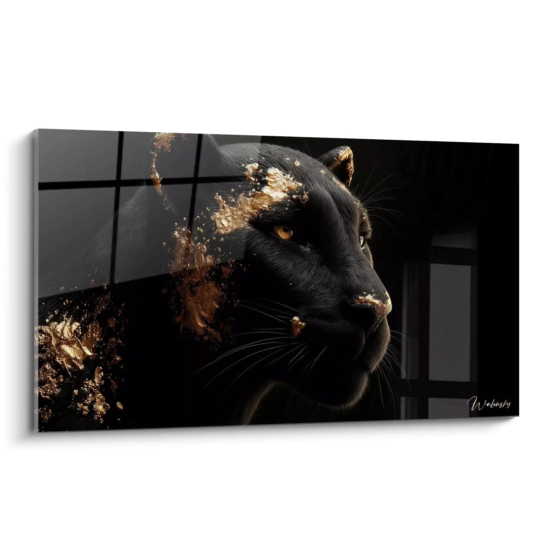 Wandbild schwarzer Panther mit goldenen Farbspritzern - Premium Leinwandkunst