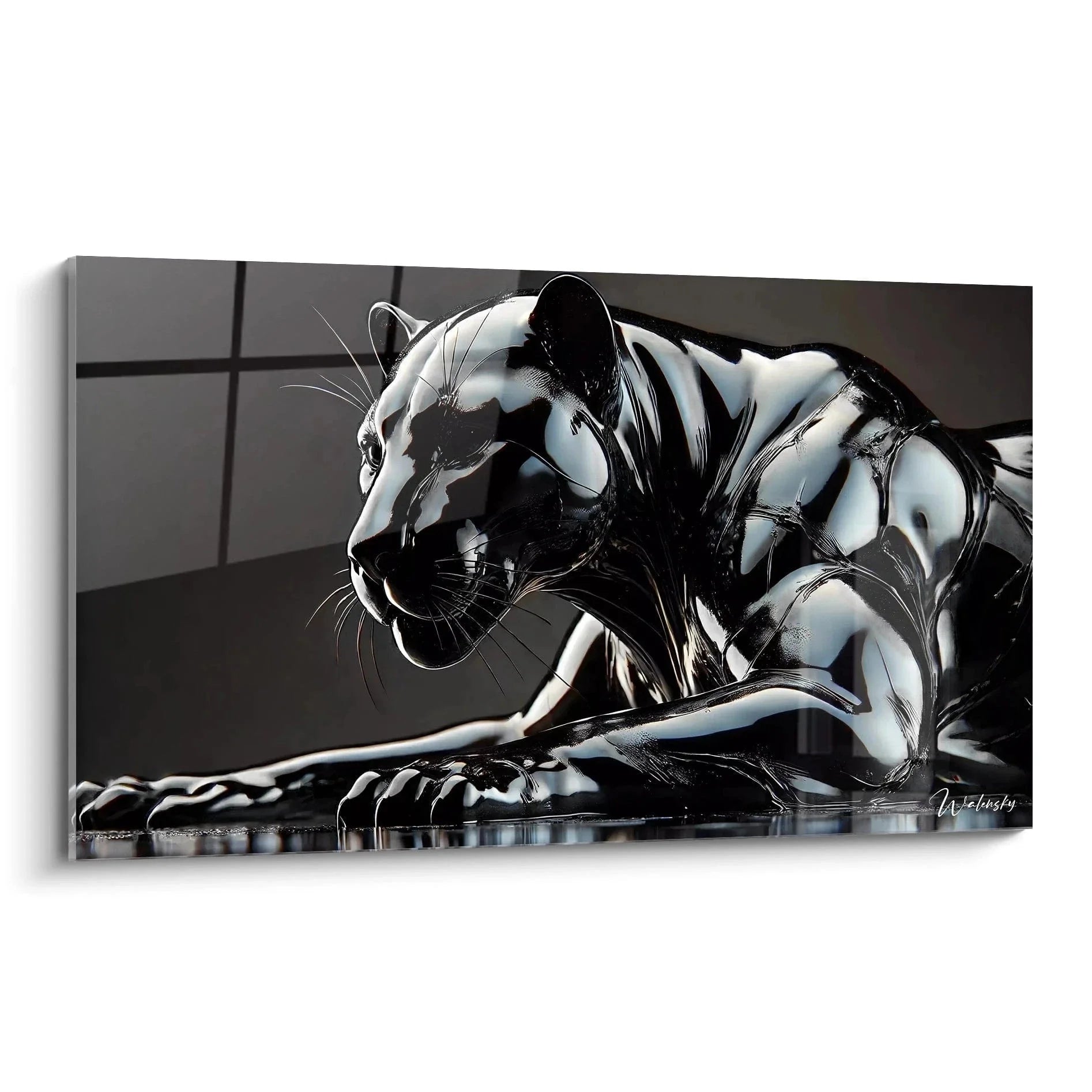 Wandbild schwarzer Panther mit metallischem Chrome-Effekt liegend, moderne Wanddekoration Premium Leinwand