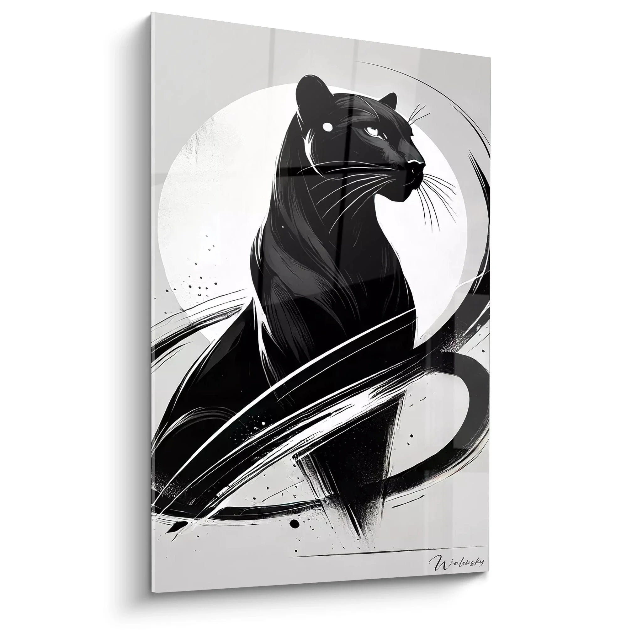 Minimalistisches Wandbild schwarzer Panther in Schwarz-Weiß mit Vollmond Hintergrund, moderne Wandkunst