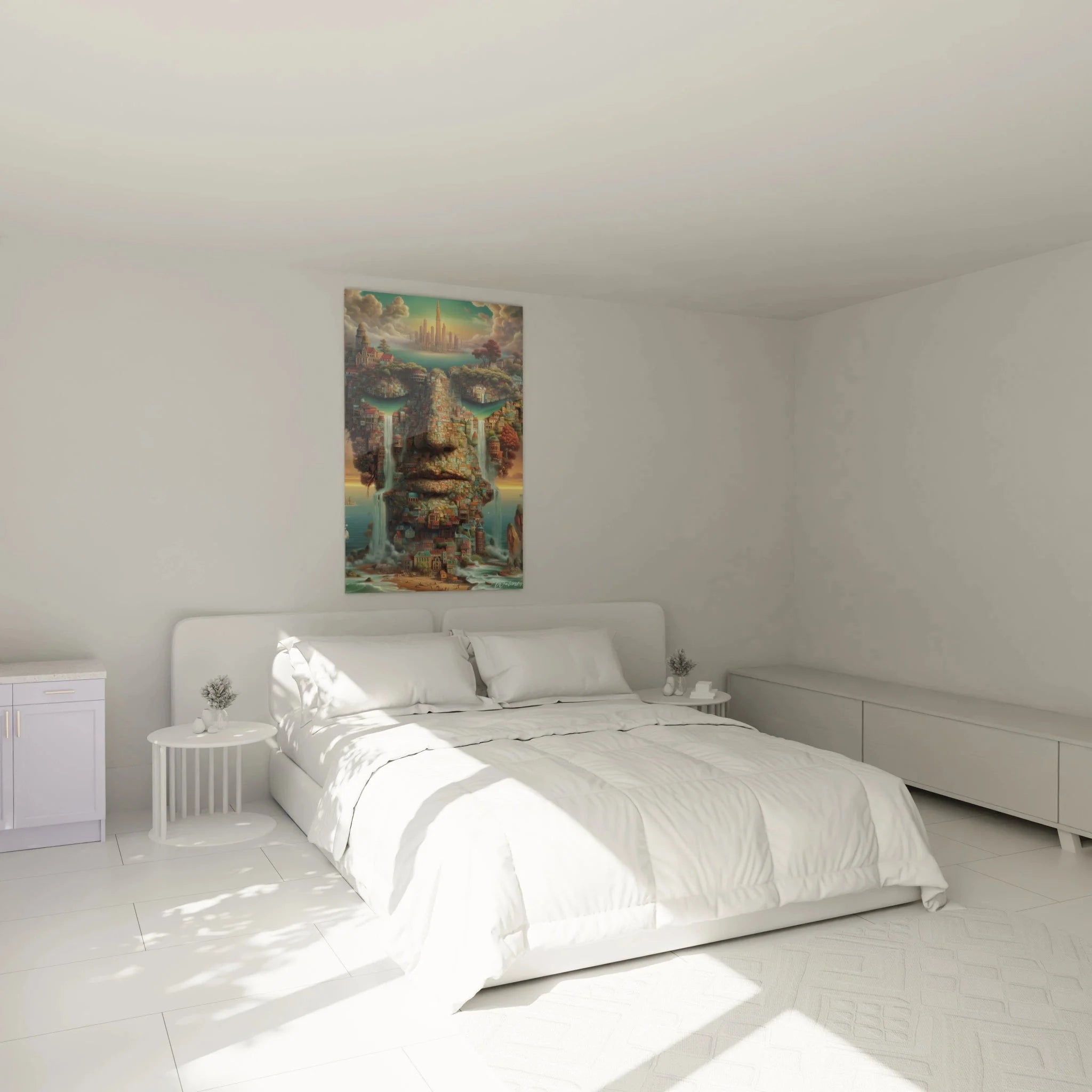 Wandbild schwebende Stadt in elegantem Schlafzimmer, surrealistische Kunst als stilvoller Wandschmuck