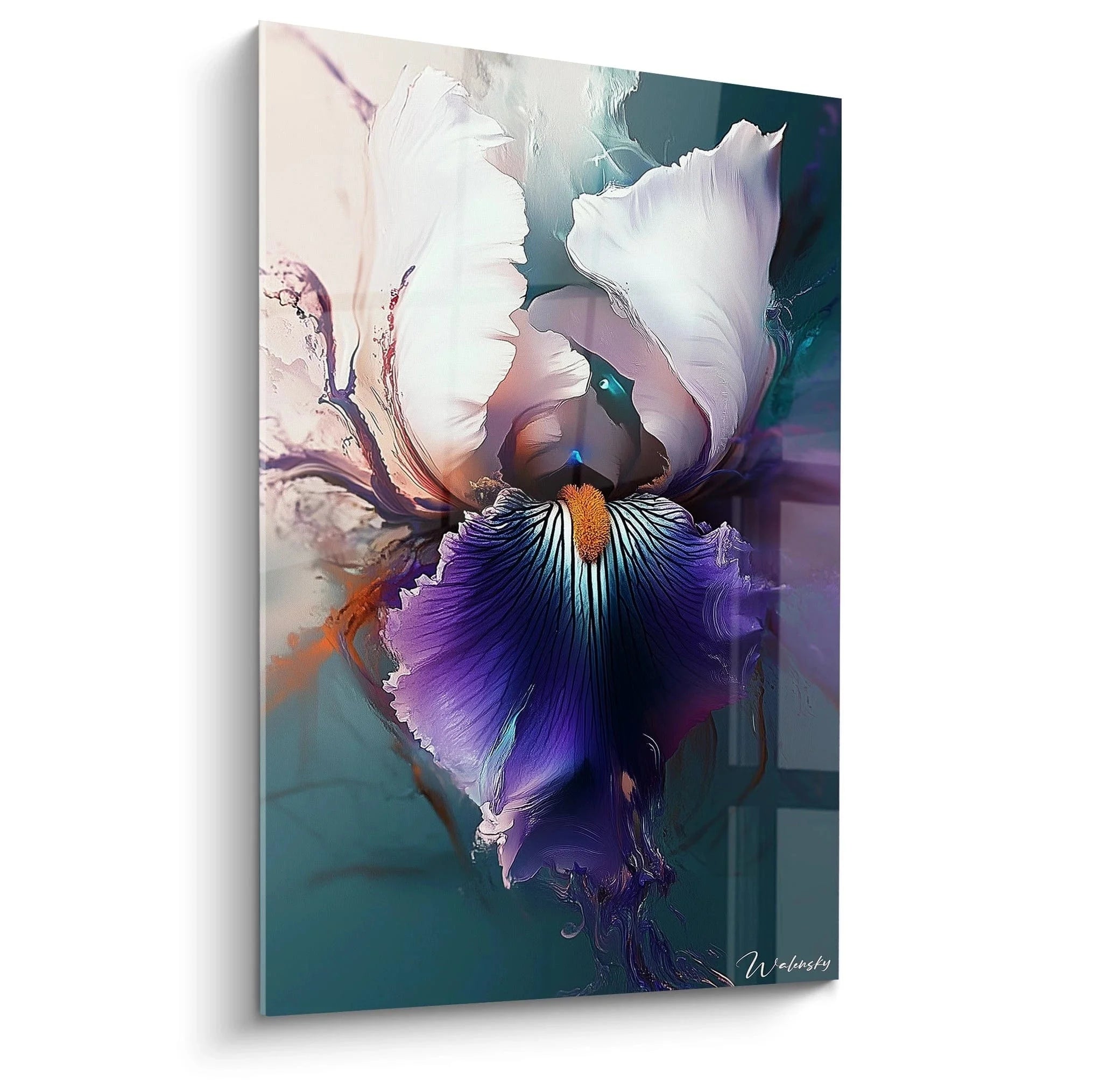 Wandbild Schwertlilie abstrakt in violett und weiß mit türkisblauem Hintergrund