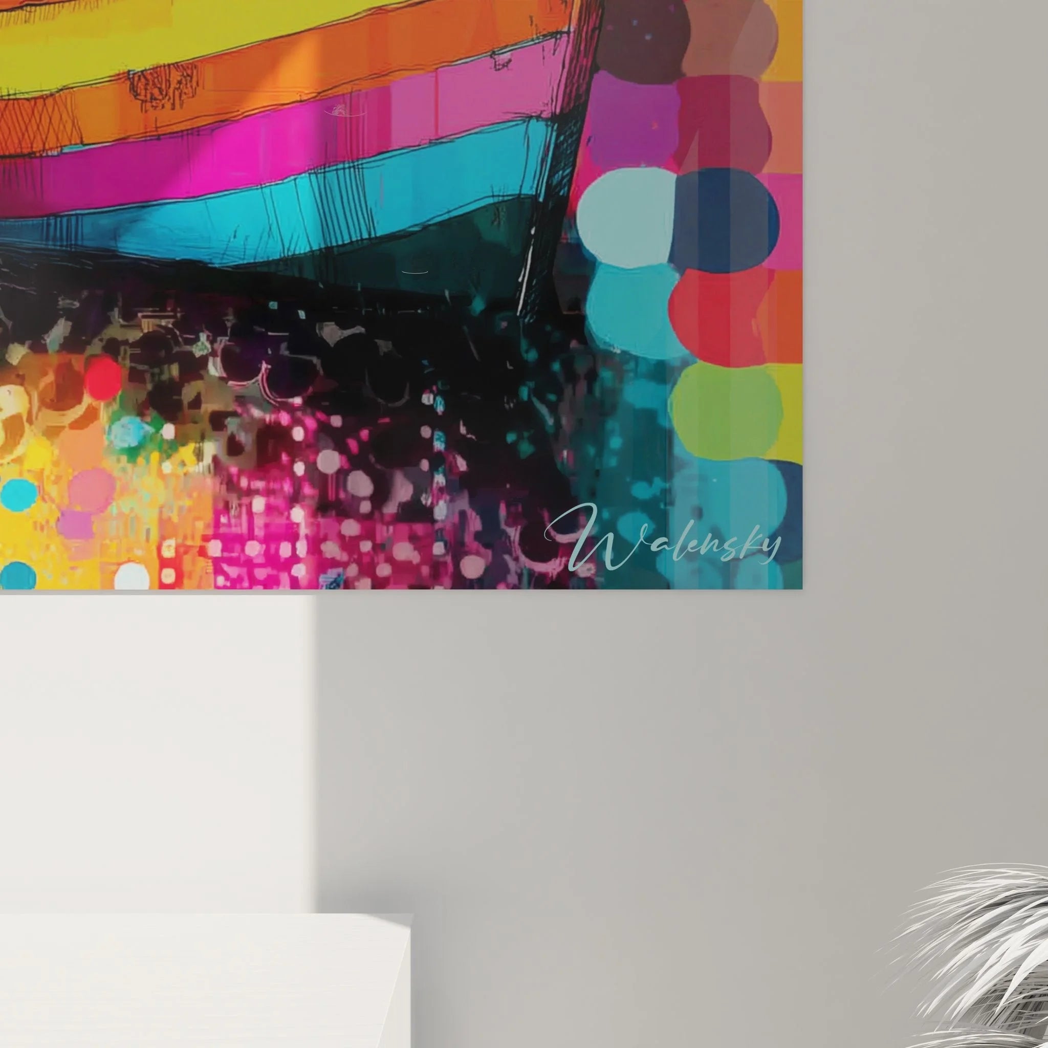 Gesamtansicht Wandbild Boote am See - Maritime Farbexplosion mit Bergen und abstrakten Elementen XXL