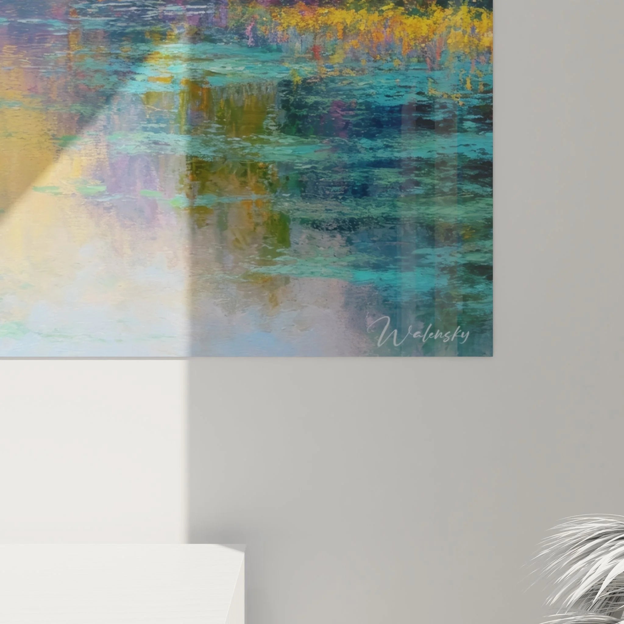 Gesamtansicht Wandbild See Morgenröte, impressionistische Landschaft mit Nebel und Wasserreflexionen