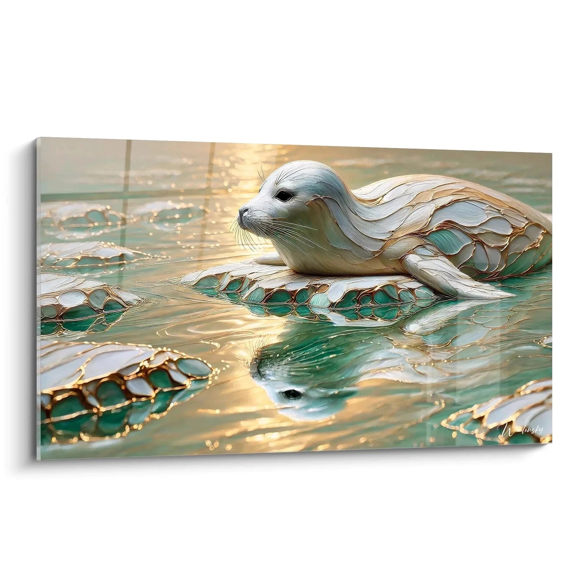 Wandbild Seehund schwimmt elegant durch türkises Wasser mit goldenen Lichtreflexen und Blasen