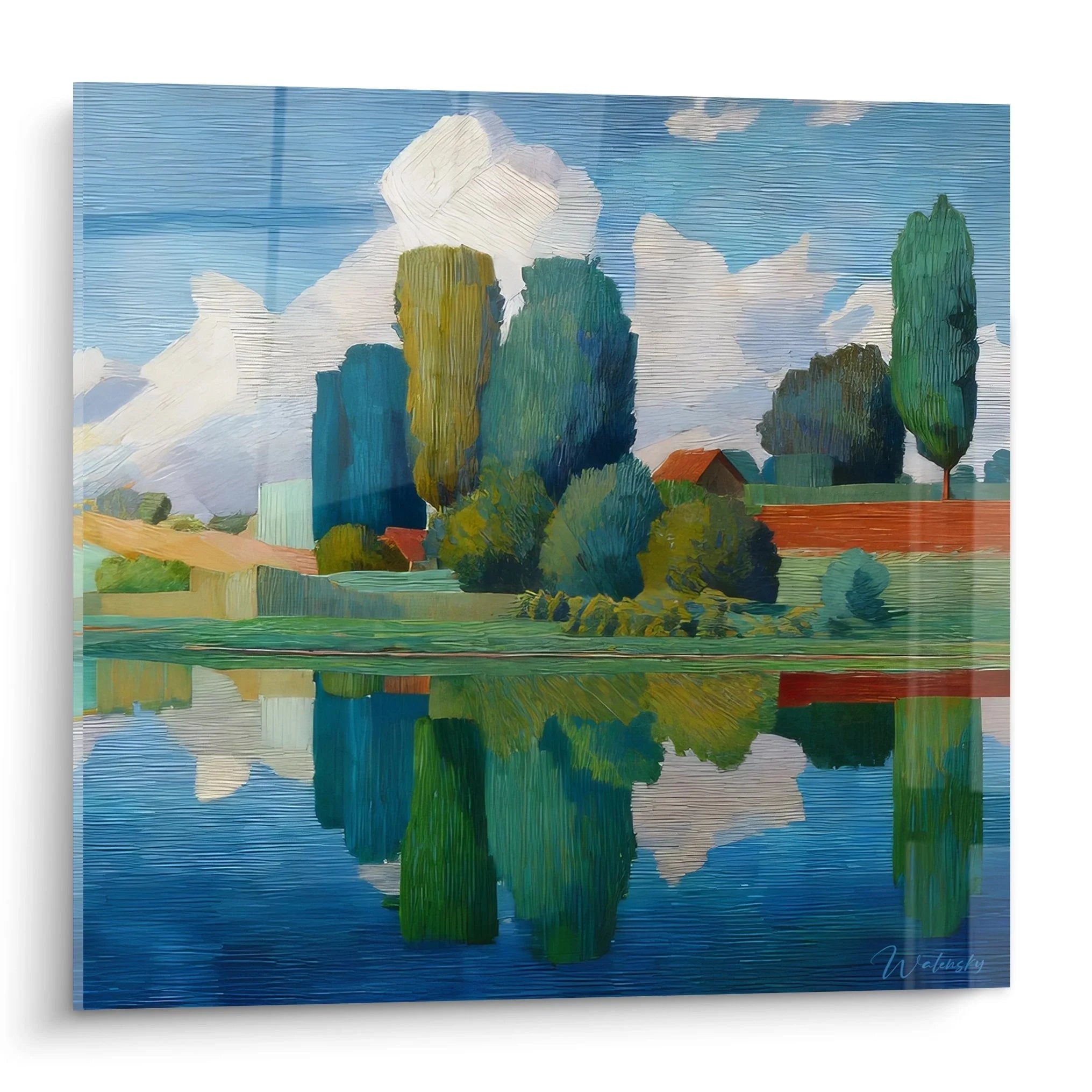 Wandbild Seelandschaft mit Baumspiegelung im Wasser, moderne Malerei in Blau-Grün-Tönen für Wohnzimmer