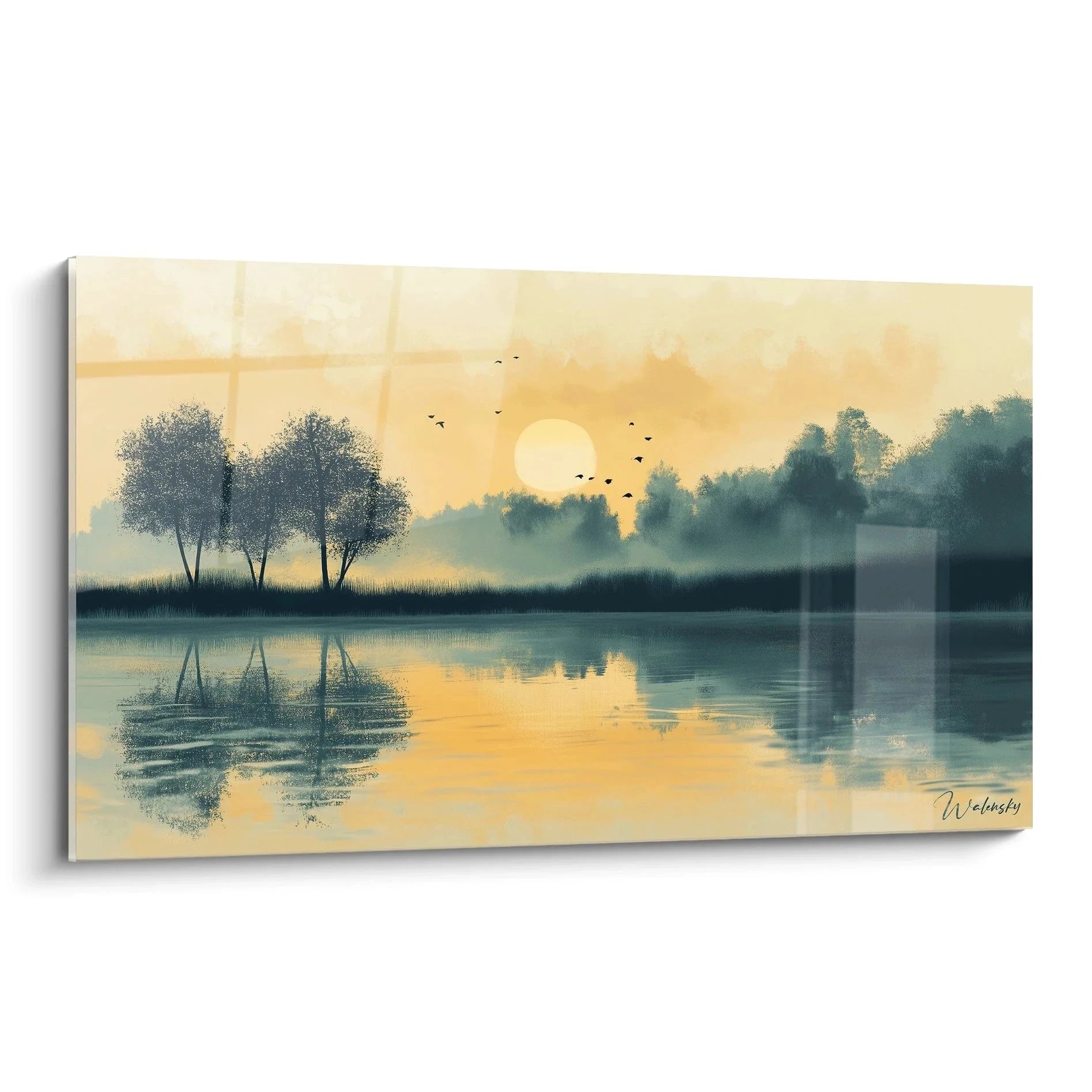 Wandbild Seenlandschaft Sonnenuntergang mit drei Bäumen und Spiegelung im romantischen Stil Friedrich