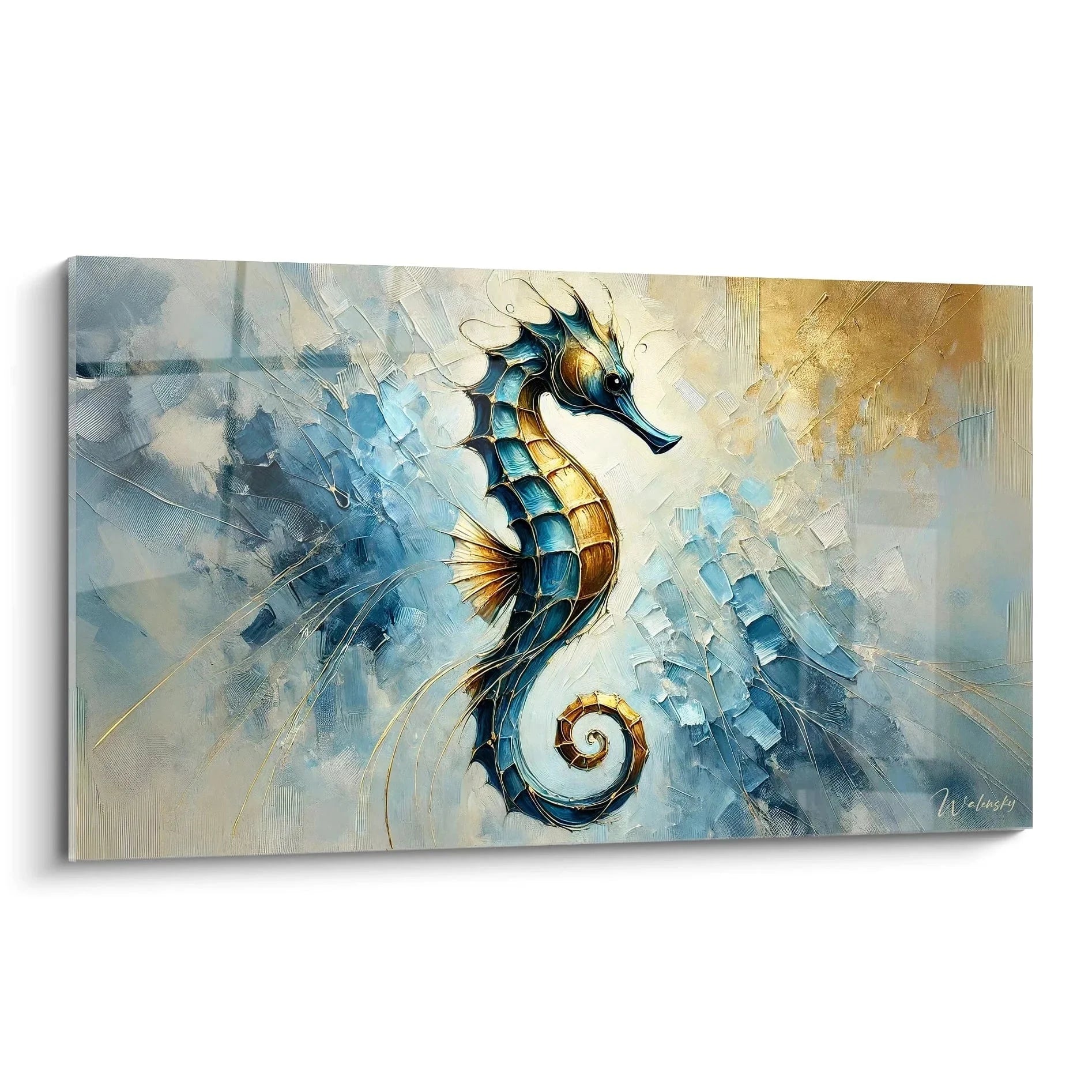 Abstraktes Wandbild Seepferdchen in Blau und Gold - Maritime Wanddekoration XXL für Wohnzimmer