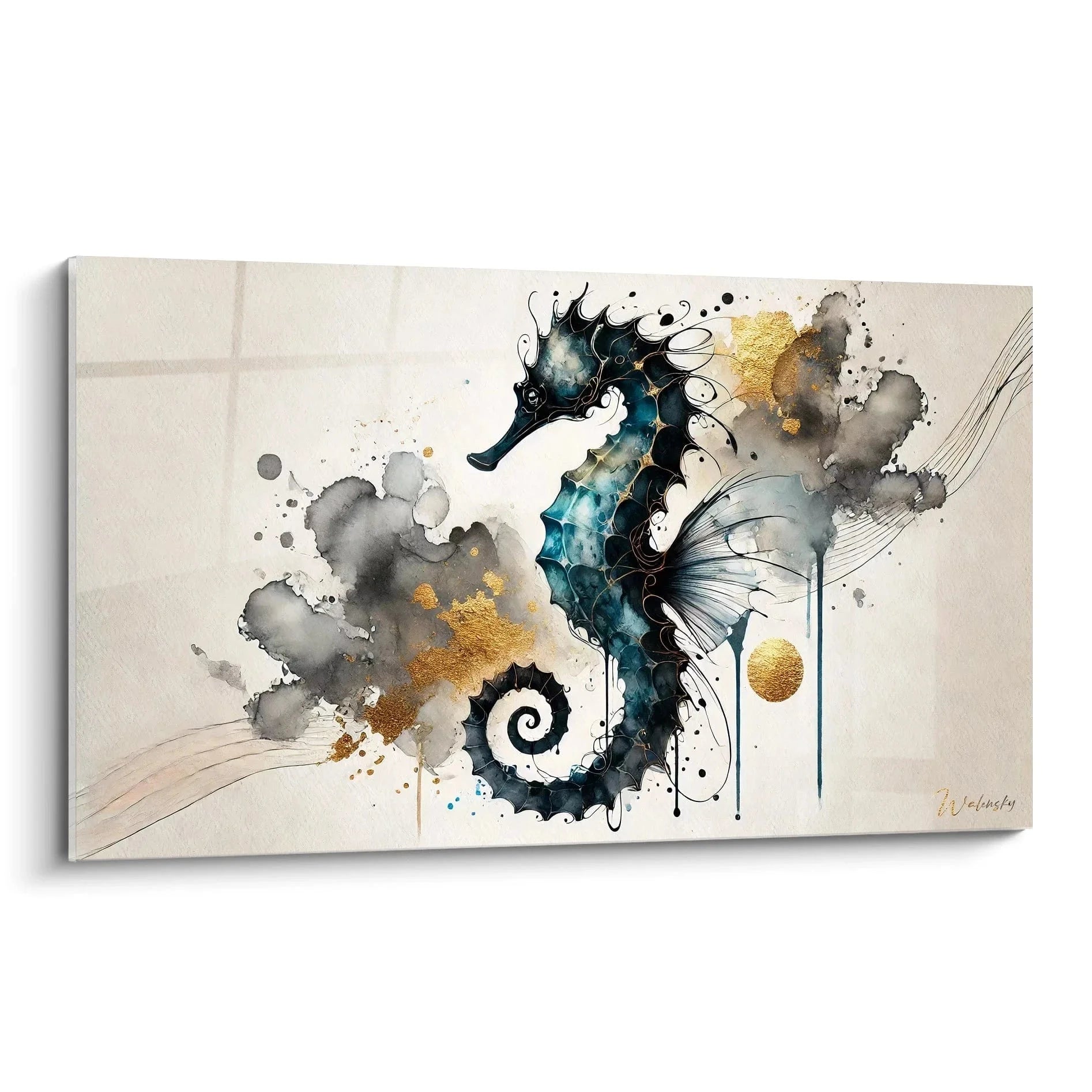 Wandbild Seepferdchen Aquarell türkis gold moderne maritime Kunst Edition Seepferdchen