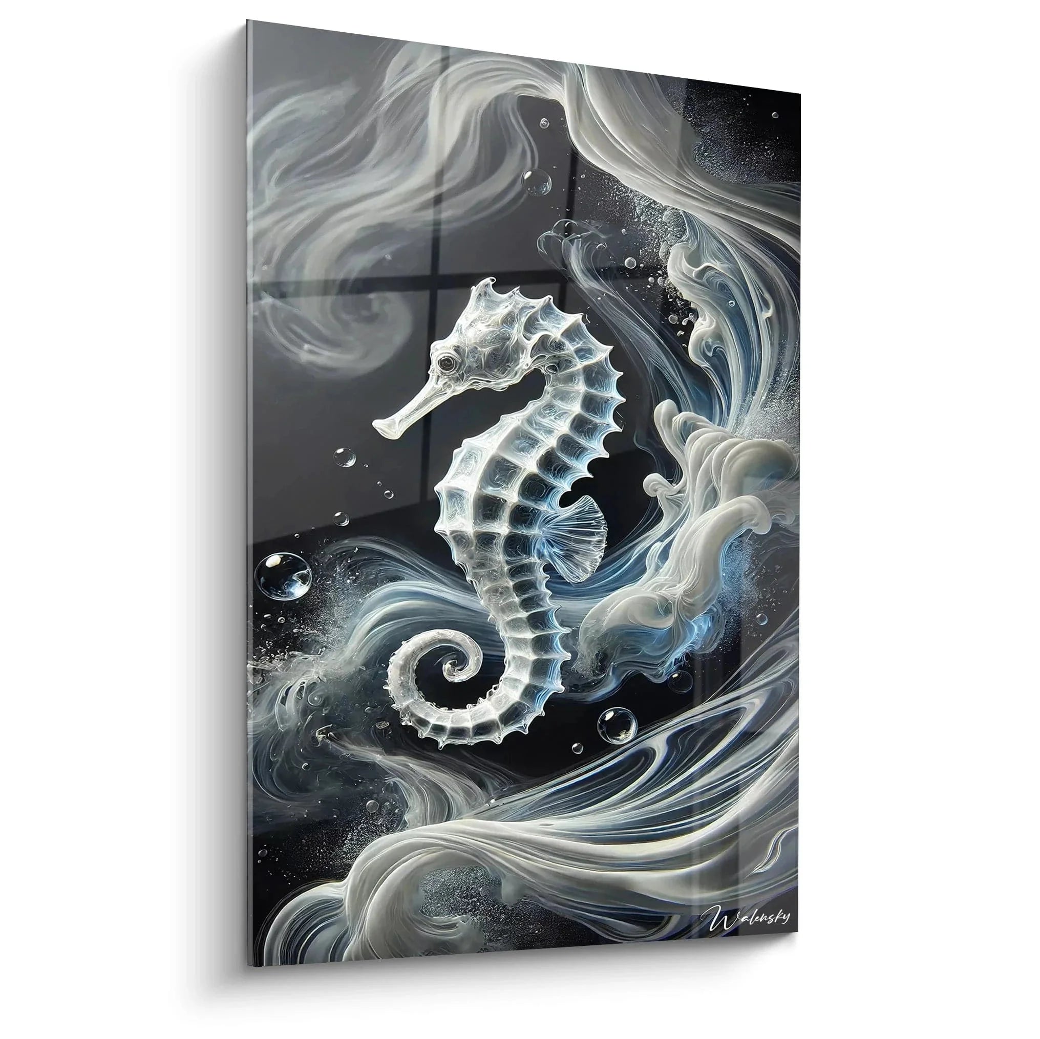 Elegantes Wandbild Seepferdchen in Grau-Blau mit fließenden abstrakten Strukturen und Wasserblasen