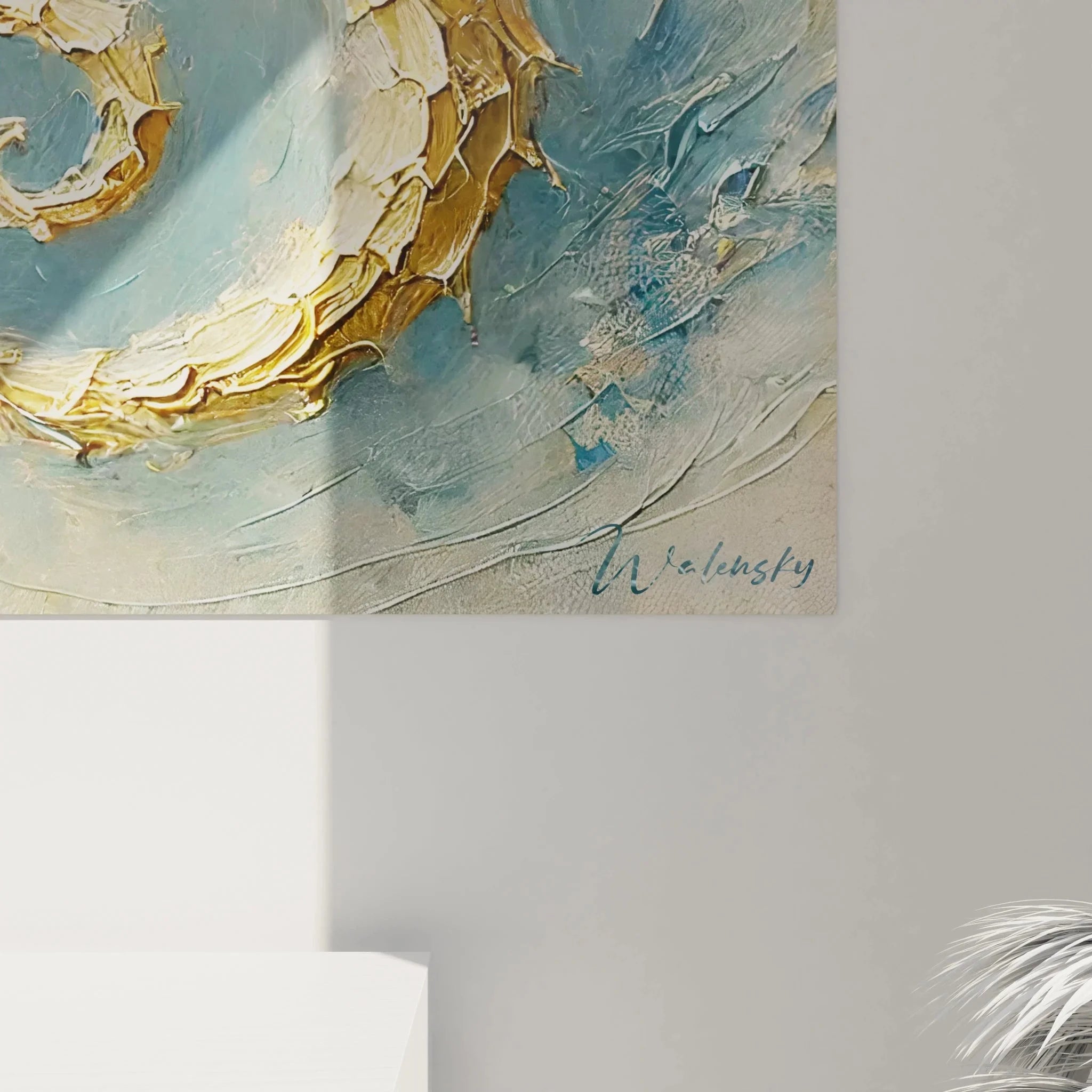 Gesamtansicht Wandbild Seepferdchen - abstrakte Meereskunst mit strukturierter Malerei