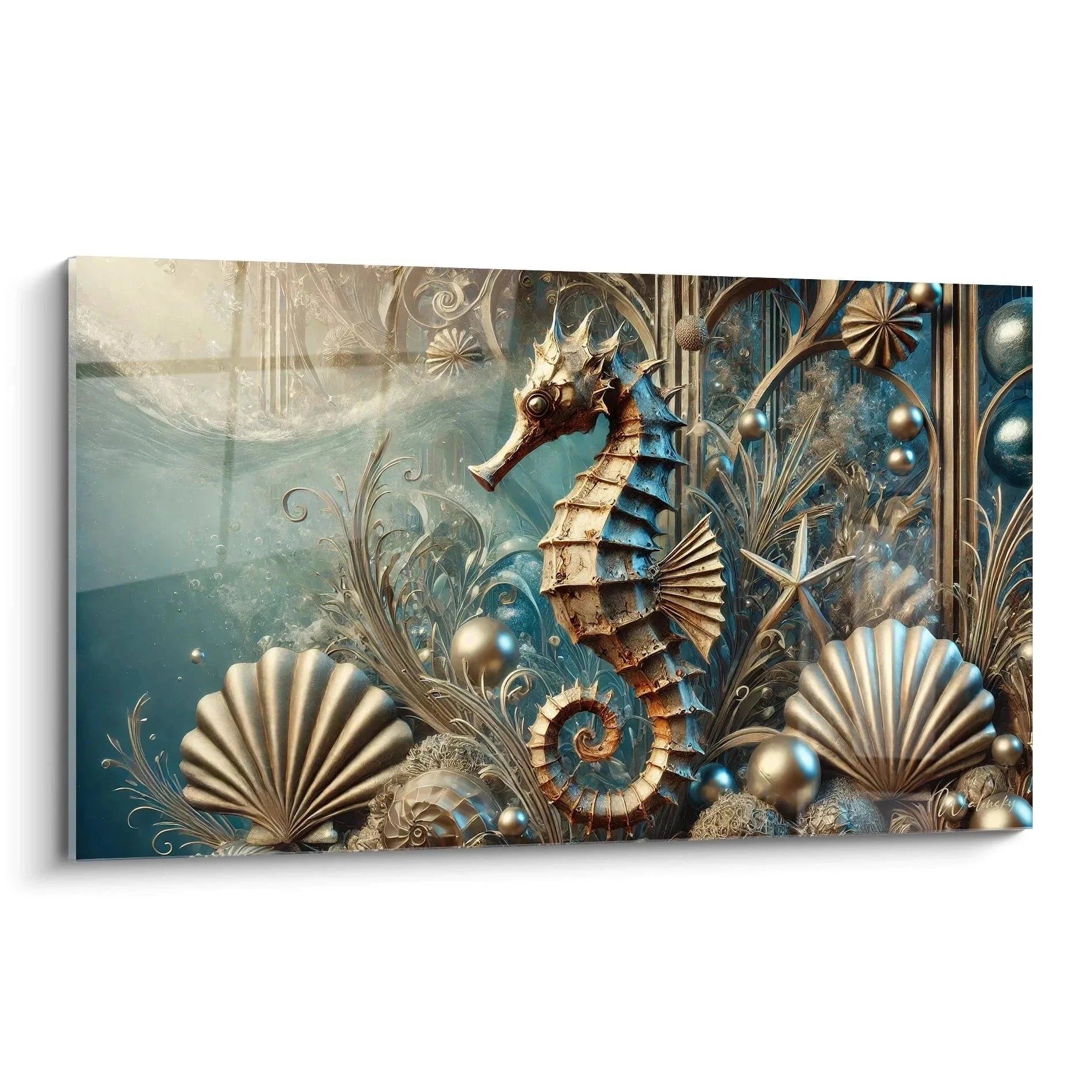 Kunstvolles Wandbild zeigt mechanisches Seepferdchen im Steampunk-Design mit goldenen Muscheln