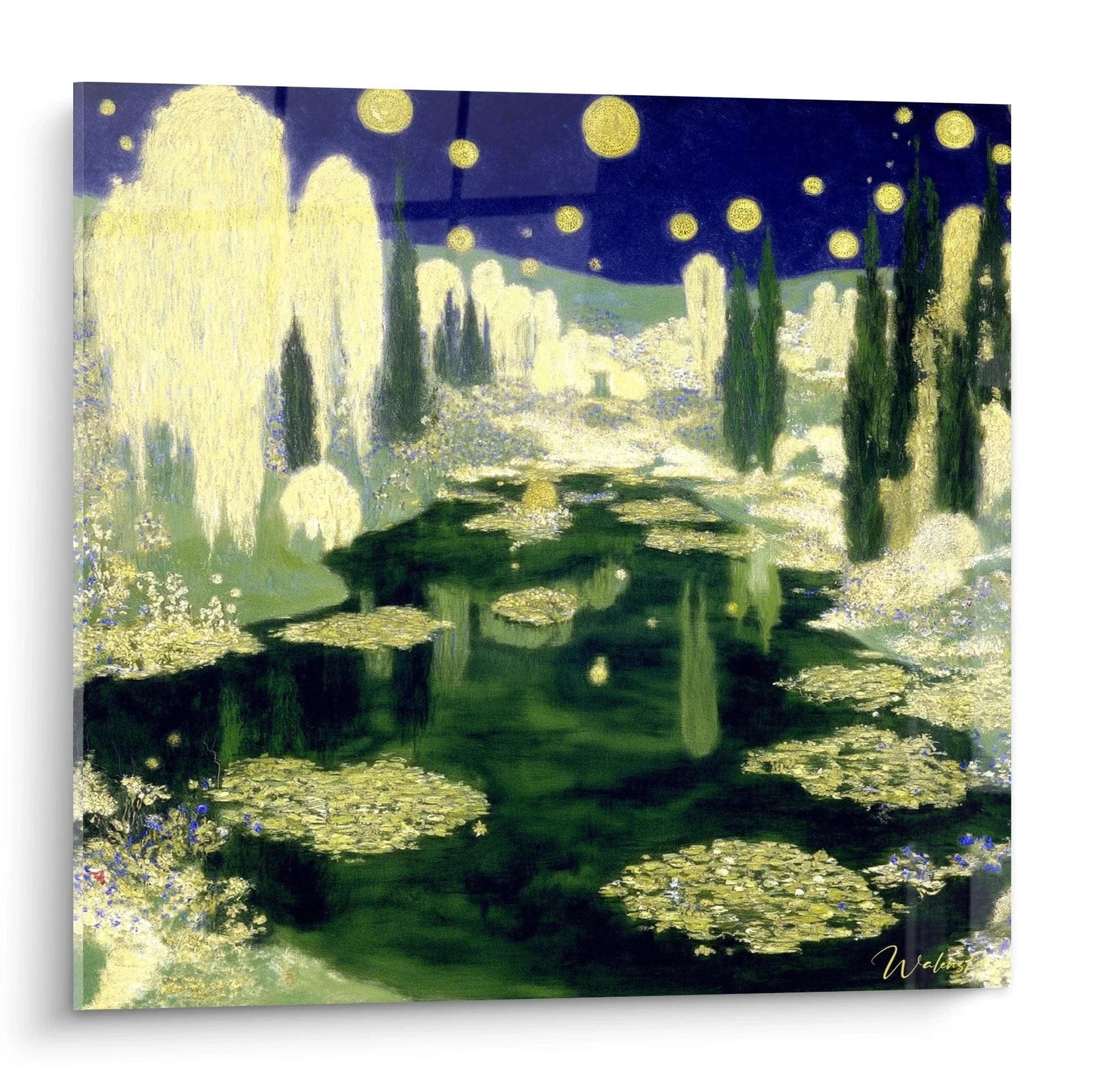 Wandbild Seerosen Nacht mit goldenen Sternen und weißen Bäumen - Symbolismus Kunstdruck Premium