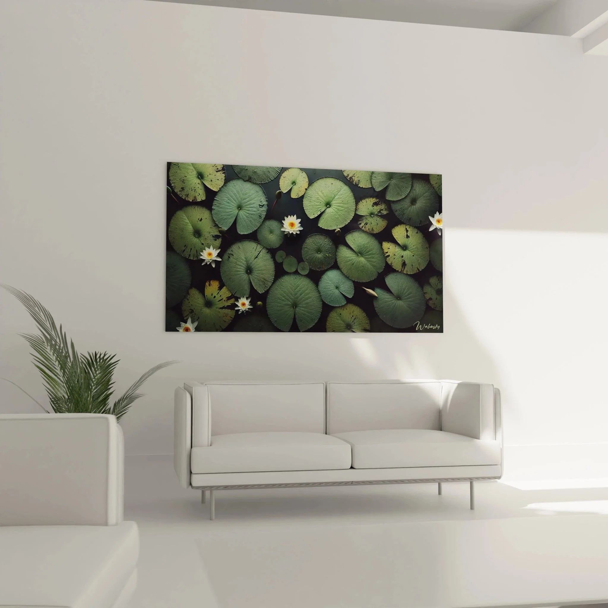 Nahaufnahme Wandbild Seerosen, detailreiche weiße Lotus Blüte mit gelber Mitte zwischen grünen Blättern