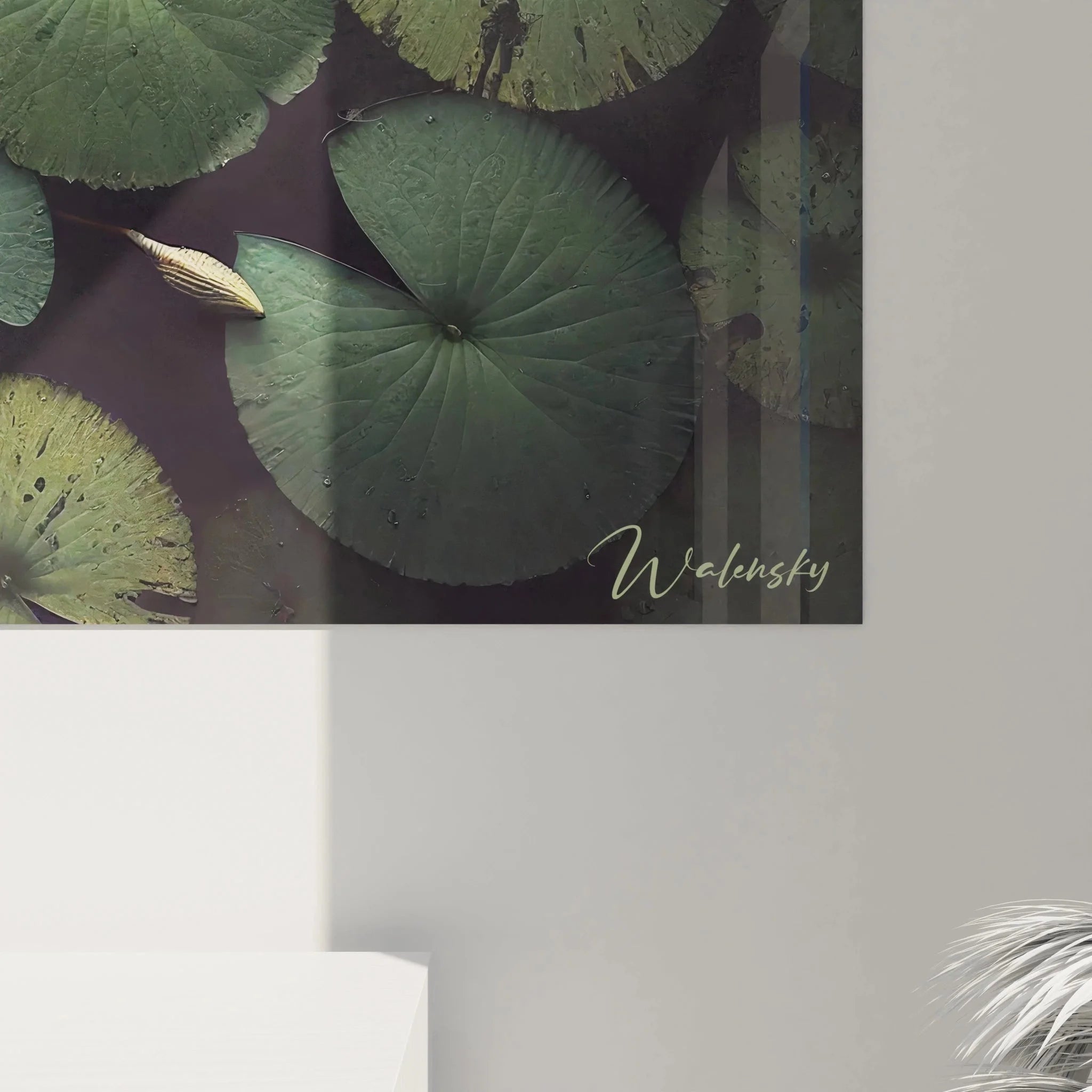 Gesamtansicht Wandbild Seerosen XXL, Lotus Wasserpflanzen Komposition für moderne Wohnraumdekoration