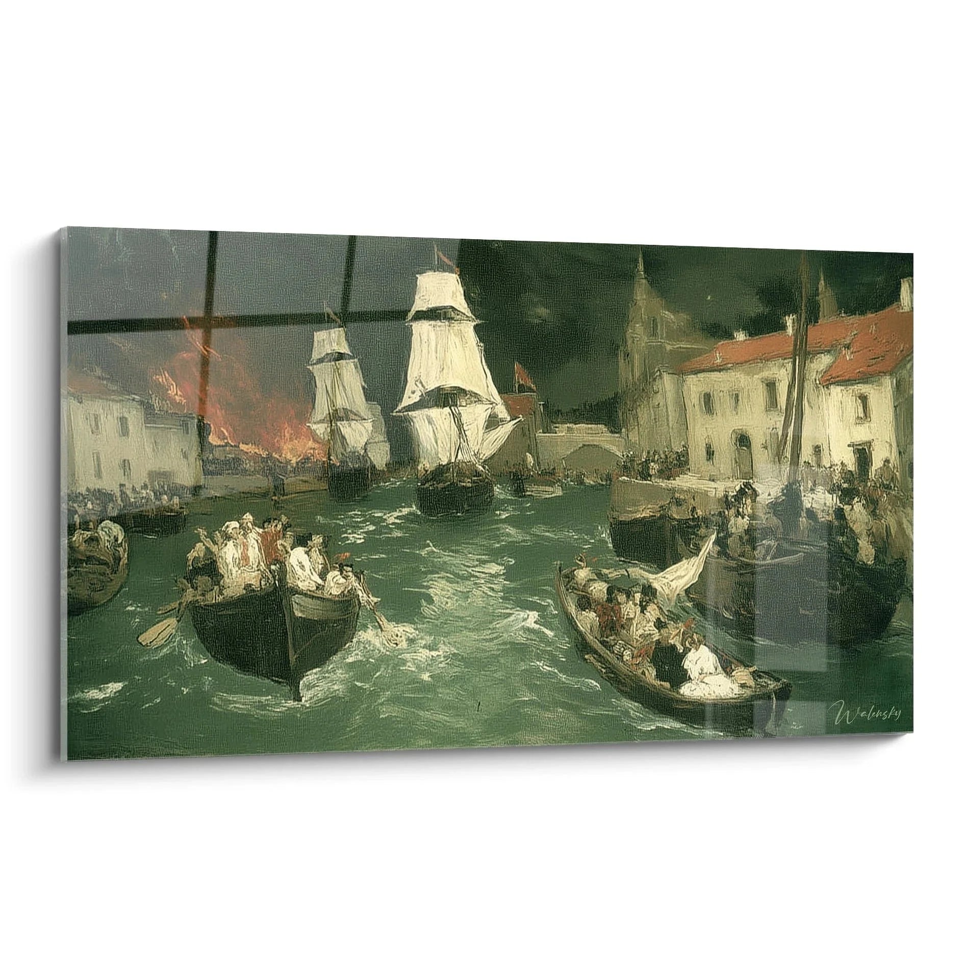 Wandbild Seeschlacht Realismus Stil mit Segelschiffen und brennenden Hafengebäuden maritime Szene