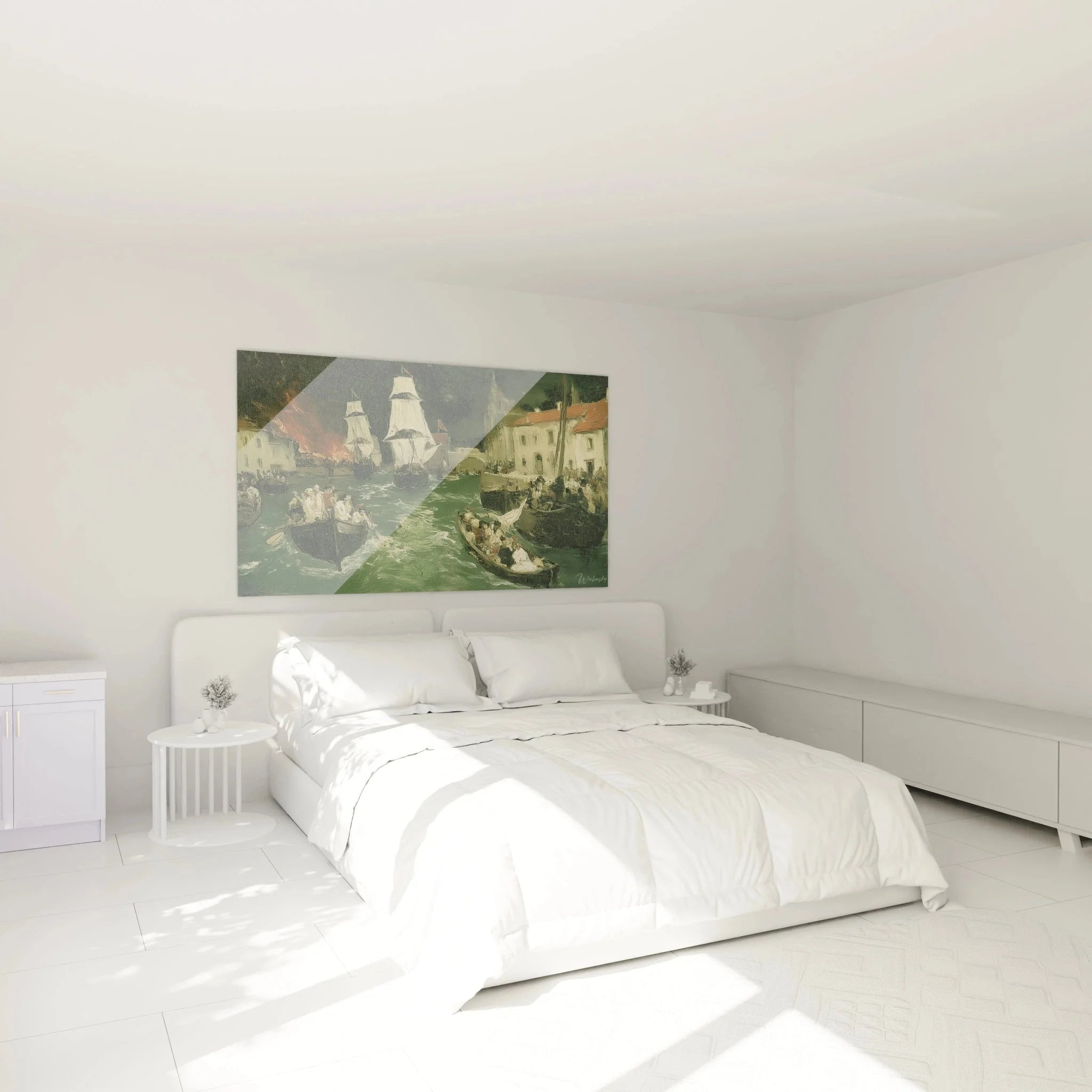 Wandbild Seeschlacht in Schlafzimmer Ambiente maritime Kunst Realismus Stil Wanddekoration