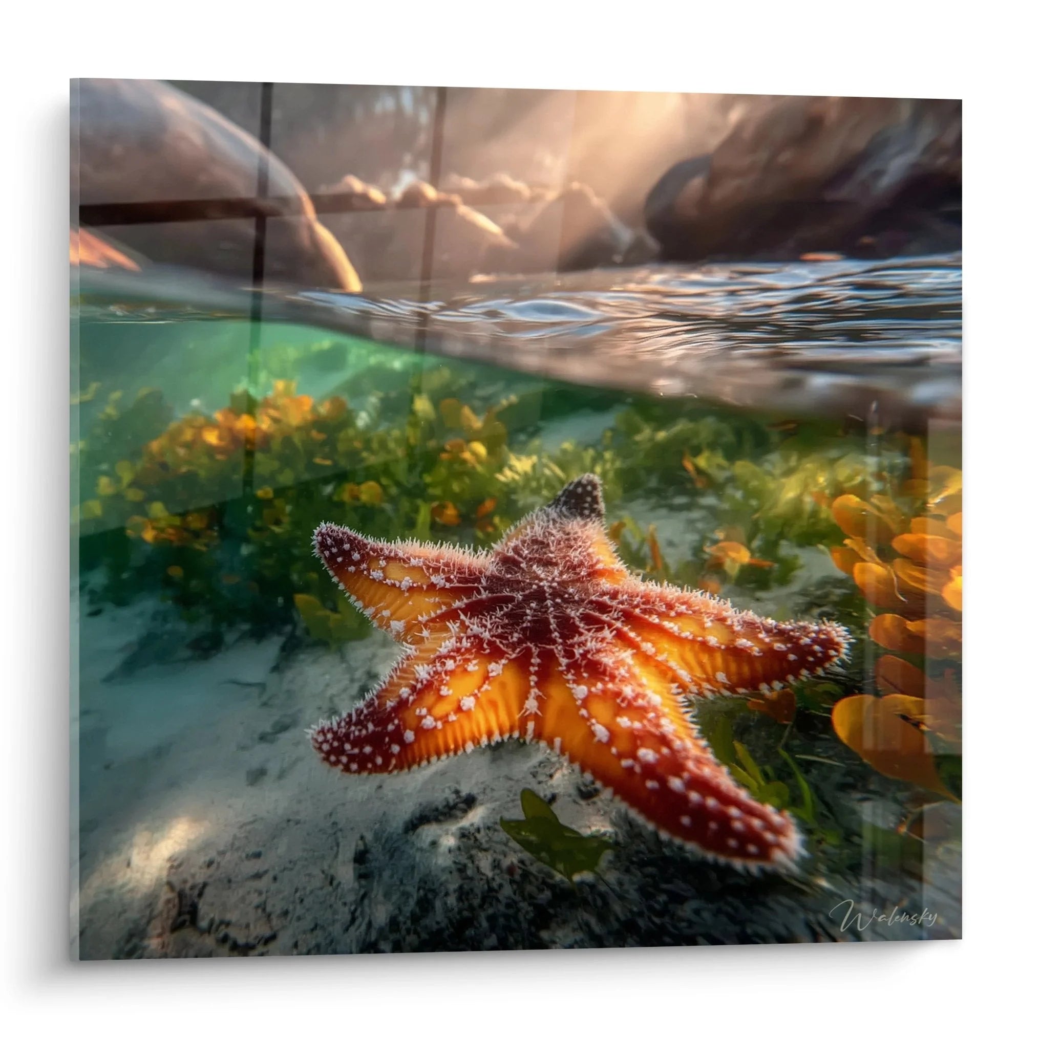 Wandbild Seestern in Unterwasserwelt mit Sonnenstrahlen und Meeresalgen - Edition Wüste