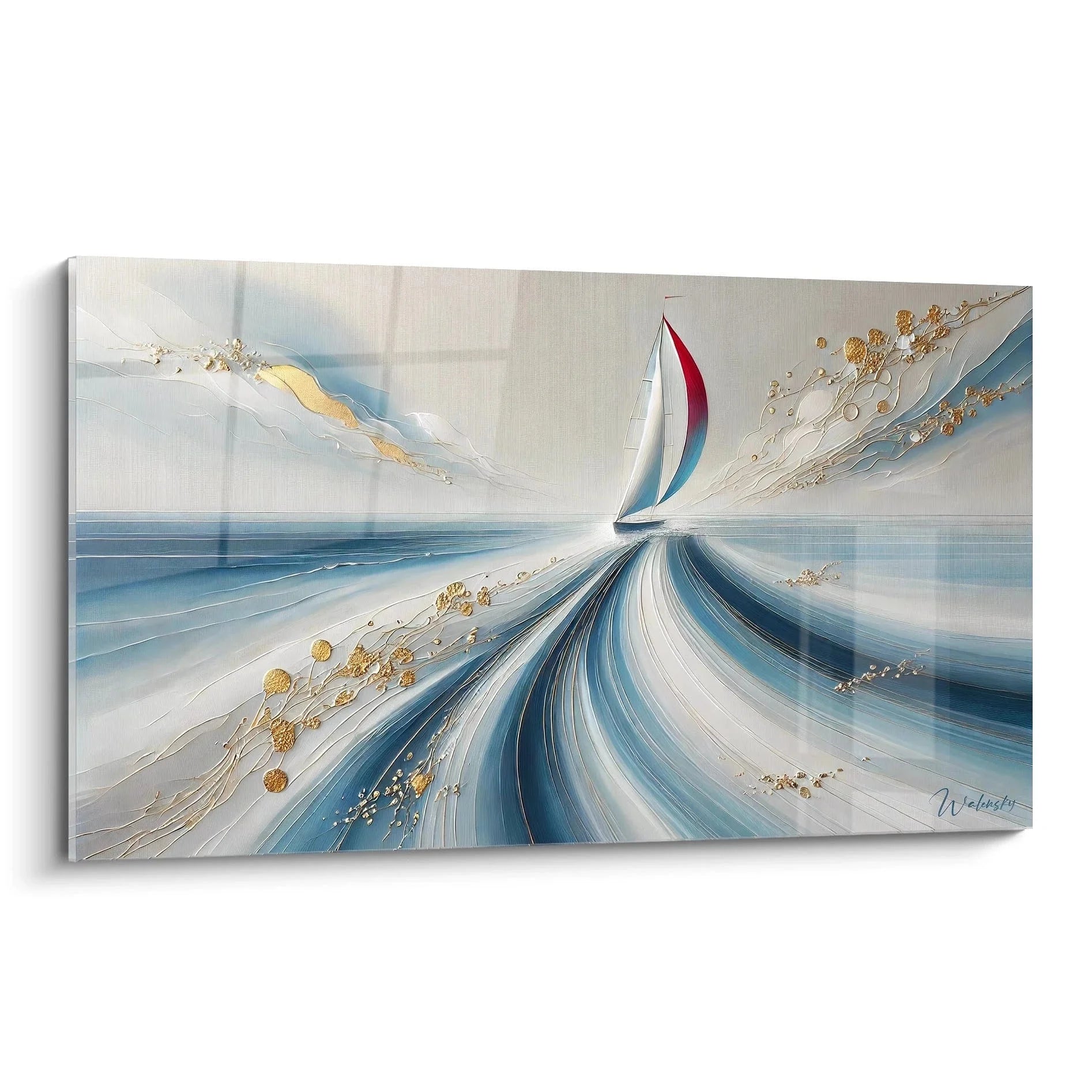 Wandbild Segelboot abstrakt mit rot-weißen Segeln in dynamischer Meeresdarstellung