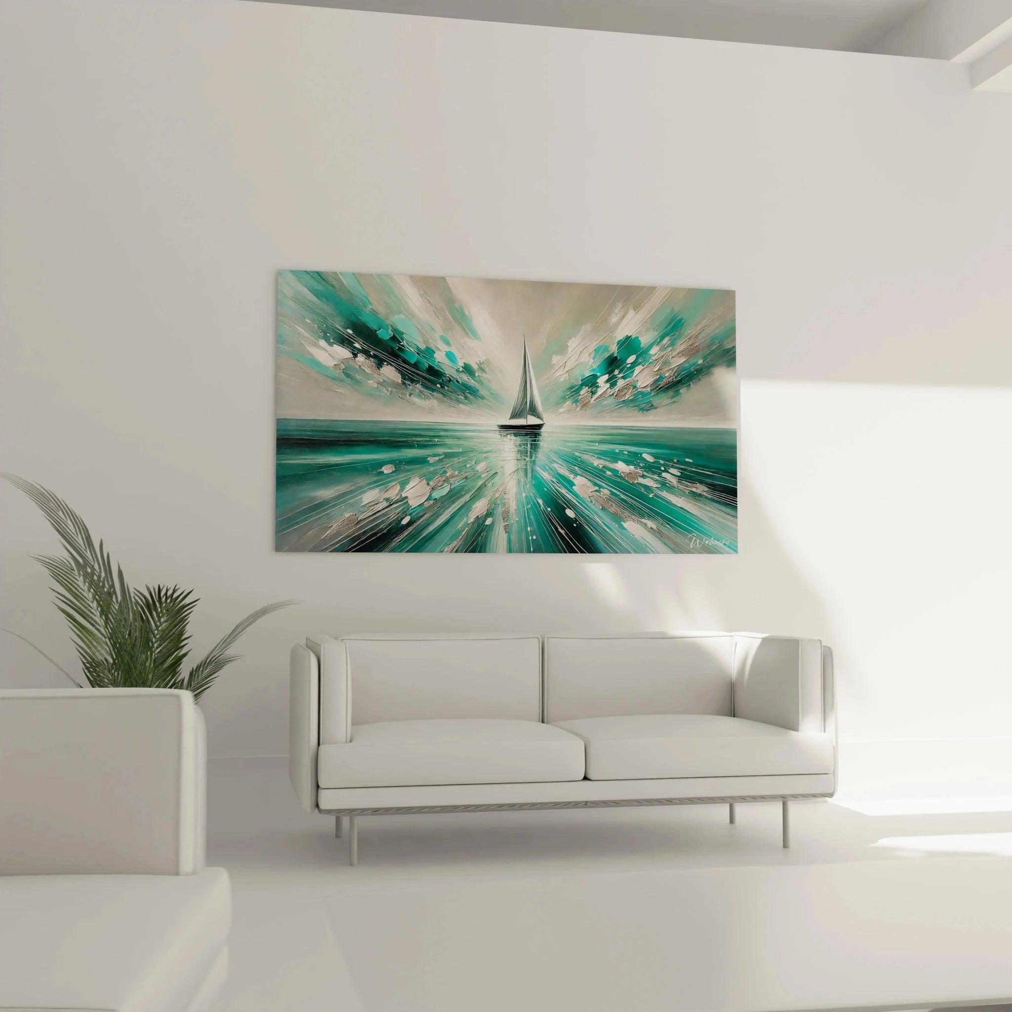 Detailaufnahme Wandbild Segelboot zeigt expressive Pinselstriche und Türkistöne der Meereslandschaft