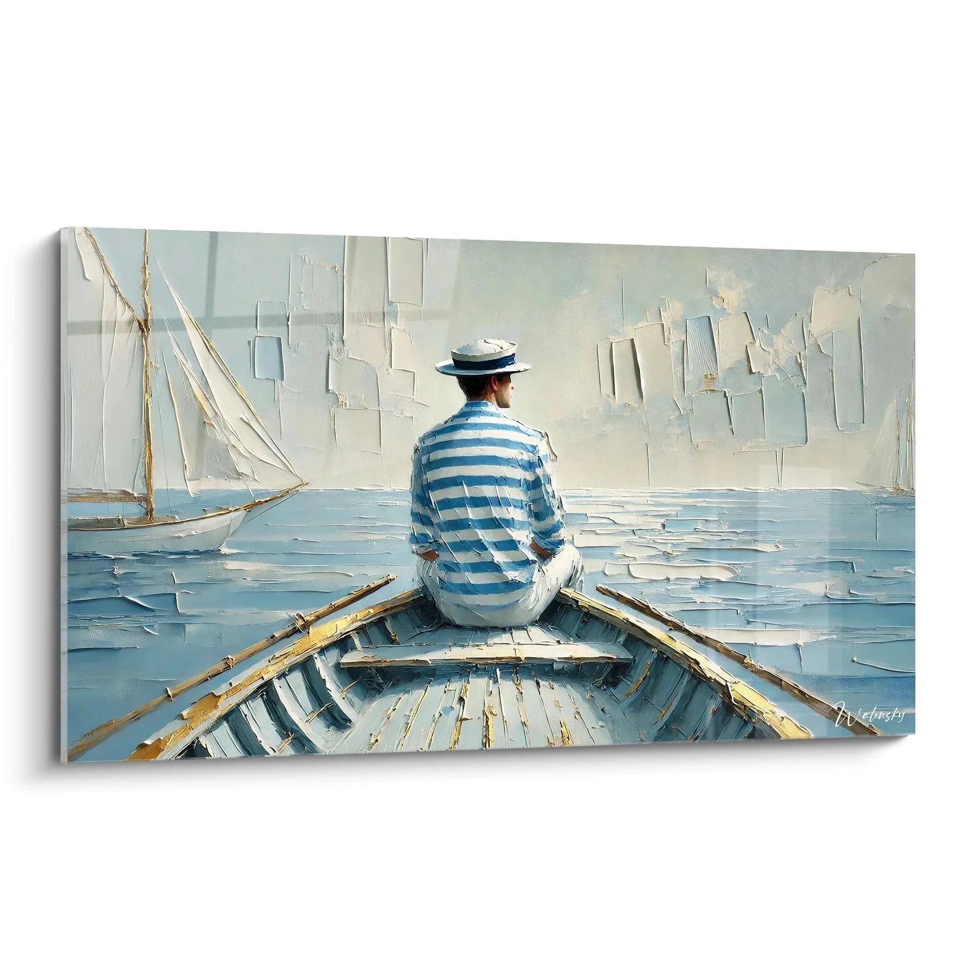 Wandbild Segelboot mit Matrose in blau-weißem Trikot auf Holzboot, maritime Ozean Wanddekoration