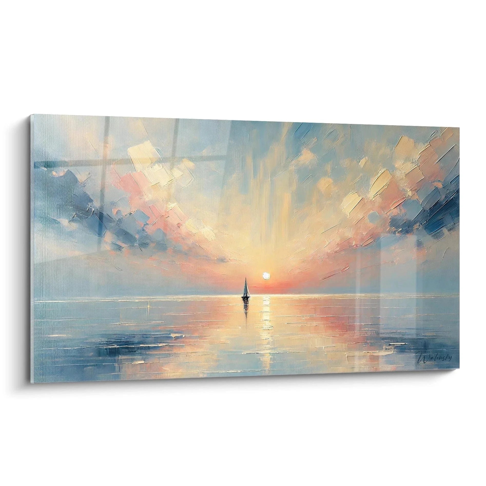 Wandbild Segelboot bei Sonnenuntergang in Malerei-Optik mit warmem Himmel und ruhigem Meer