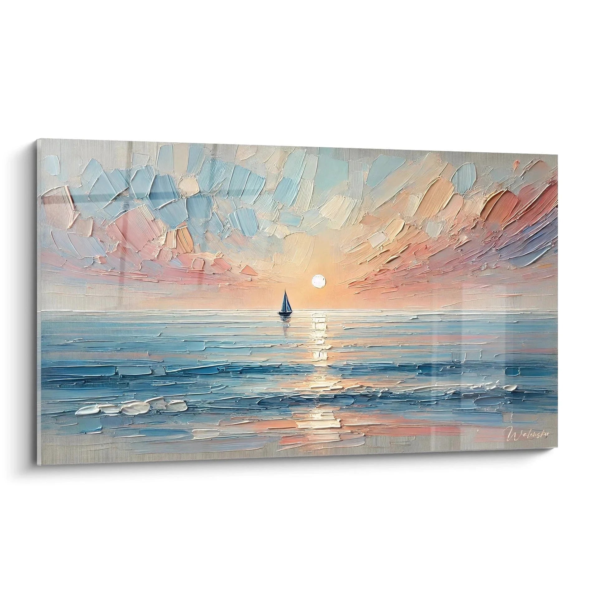 Wandbild Segelboot bei Sonnenuntergang mit Impasto-Technik und warmen Pastellfarben