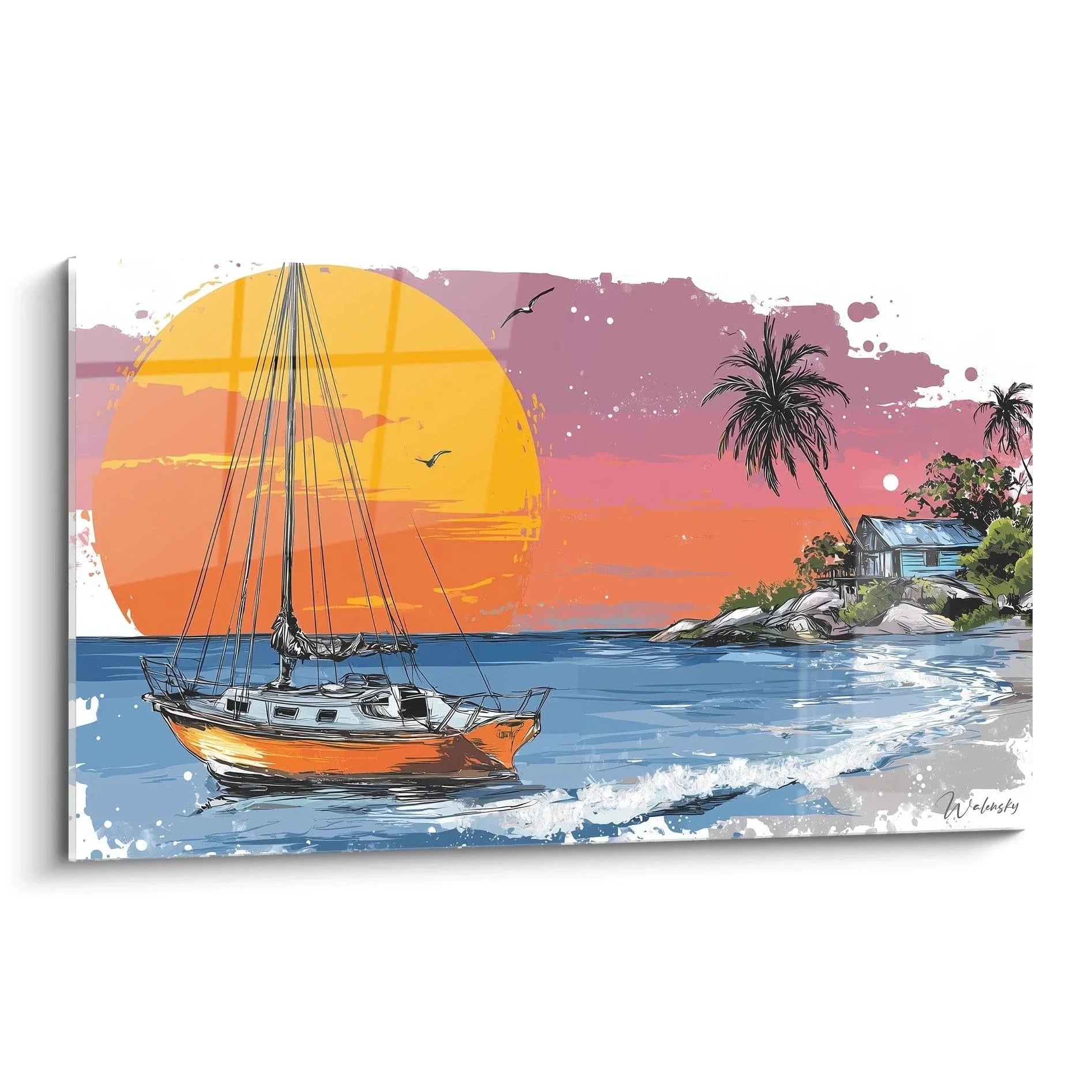 Wandbild Segelboot bei Sonnenuntergang in tropischer Bucht mit Palmen und Strandhaus