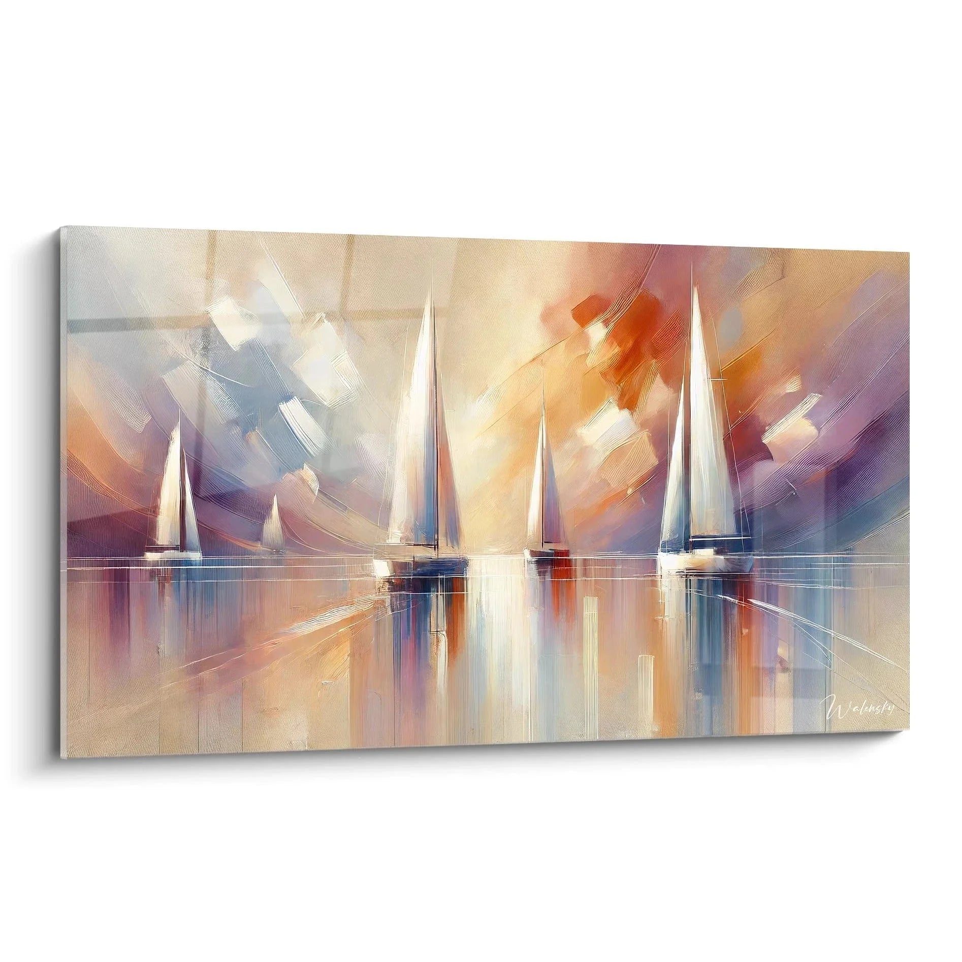 Wandbild Segelboote abstrakt mit warmen Farben im Sonnenuntergang - Maritime Kunst XXL für Wohnzimmer