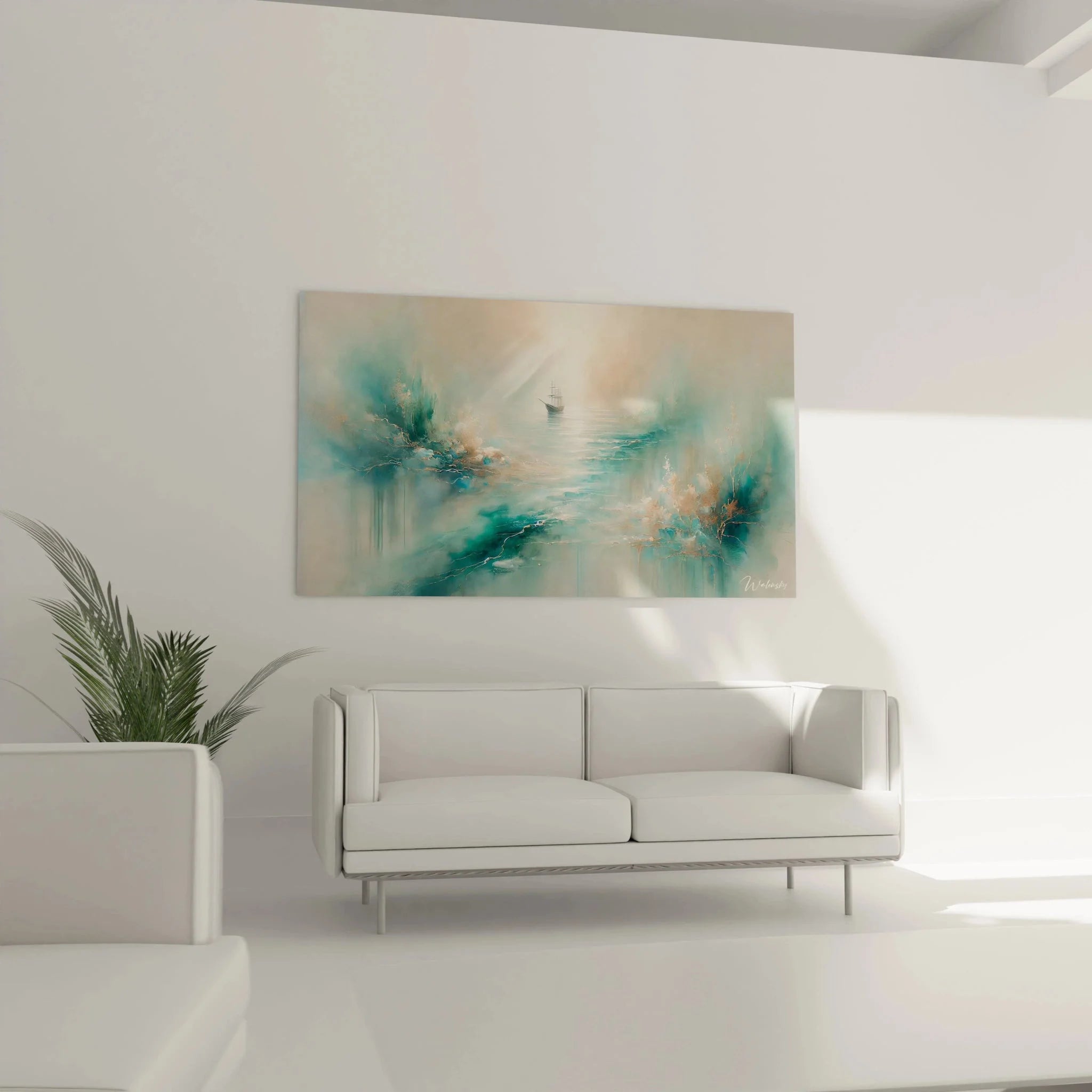 Nahaufnahme Wandbild Segelschiff abstrakte Malerei Details Türkis Gold Pinselstriche