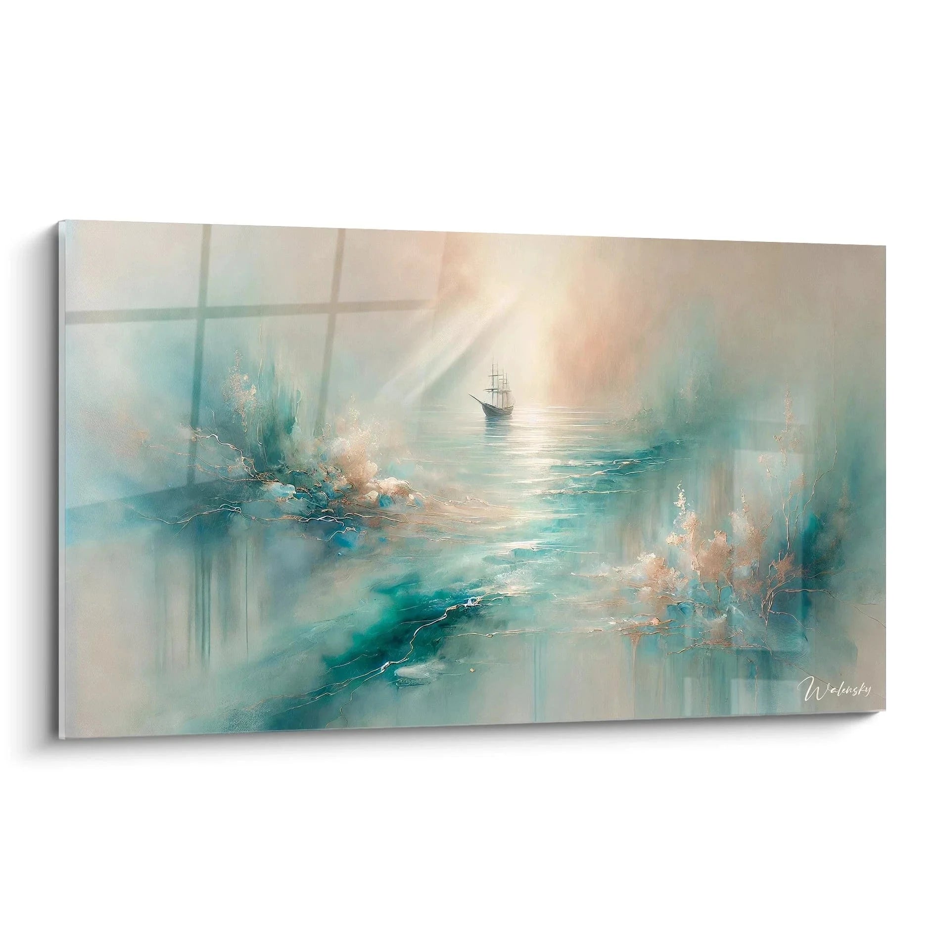 Wandbild Segelschiff im Nebel abstrakte maritime Kunst Türkis Gold Wanddekoration