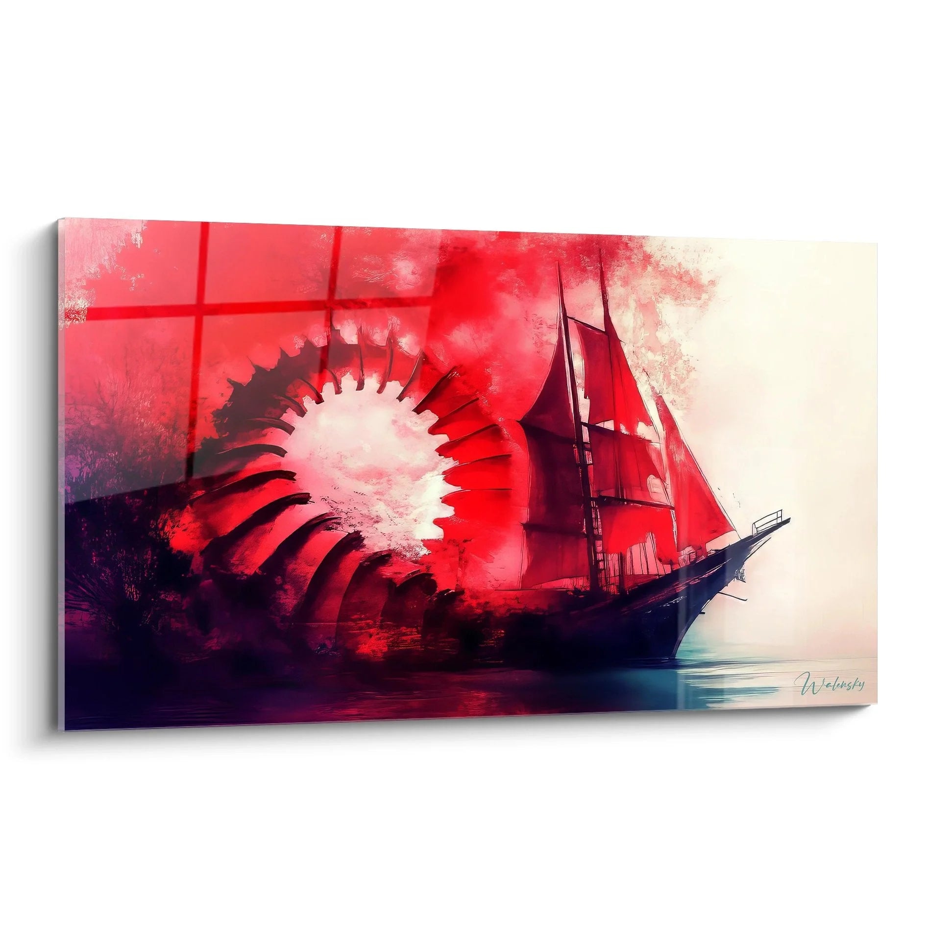 Wandbild Segelschiff mit roten abstrakten Spiralwellen und geometrischen Elementen in dramatischer Sturm-Szenerie