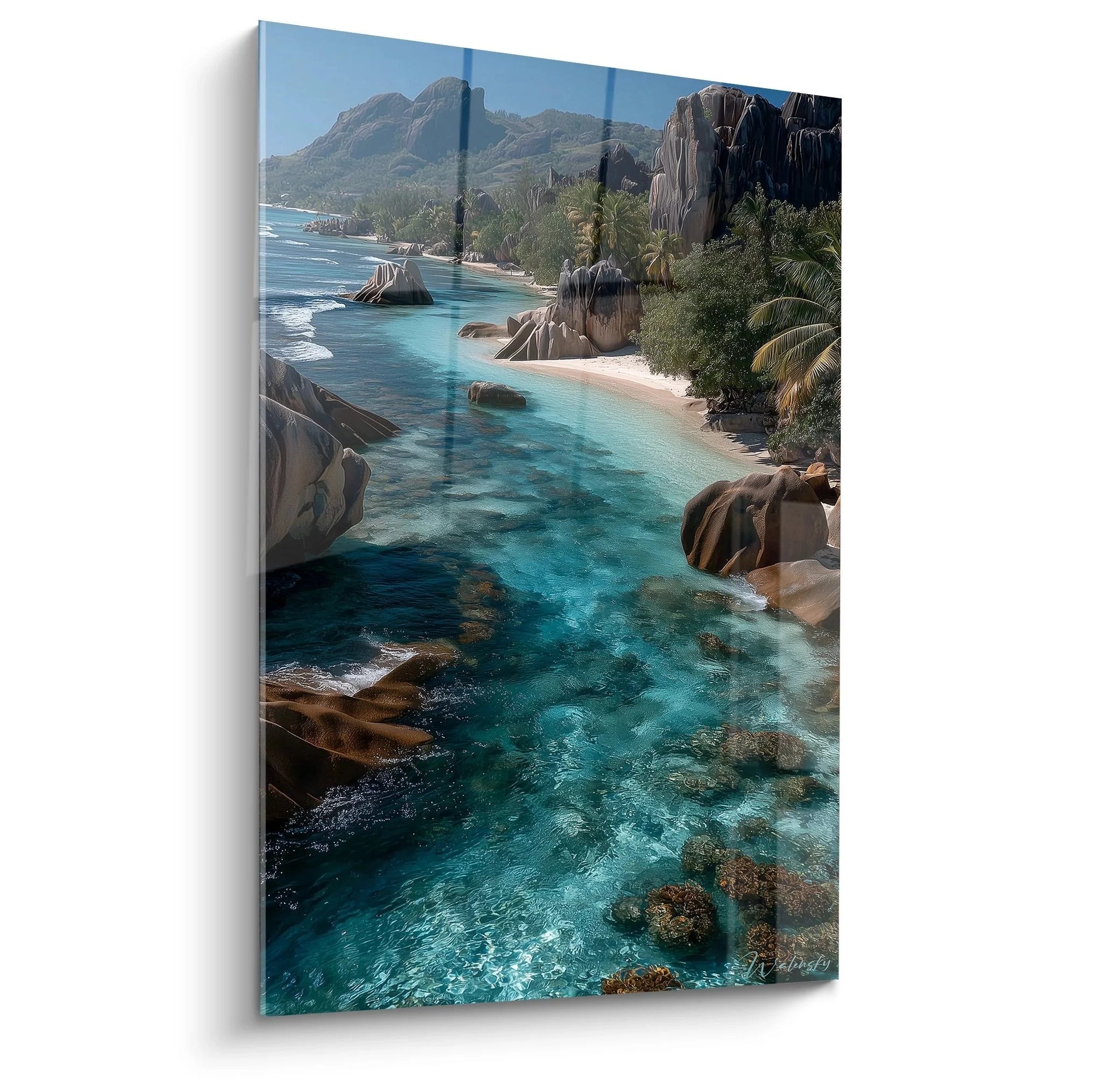 Wandbild Seychellen Paradies mit türkisem Wasser, weißem Strand und Granitfelsen - Edition Strand