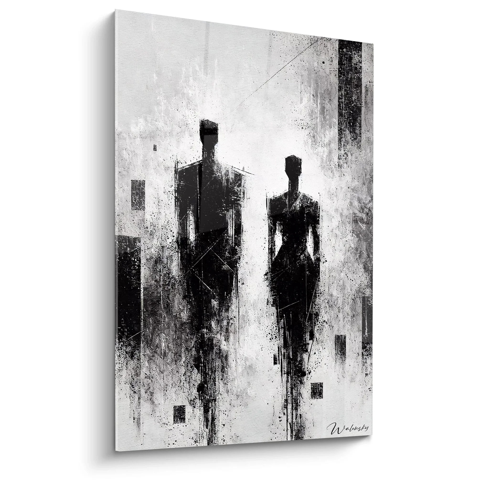 Wandbild abstrakt schwarz-weiß mit zwei Silhouetten vor urbanem Hintergrund