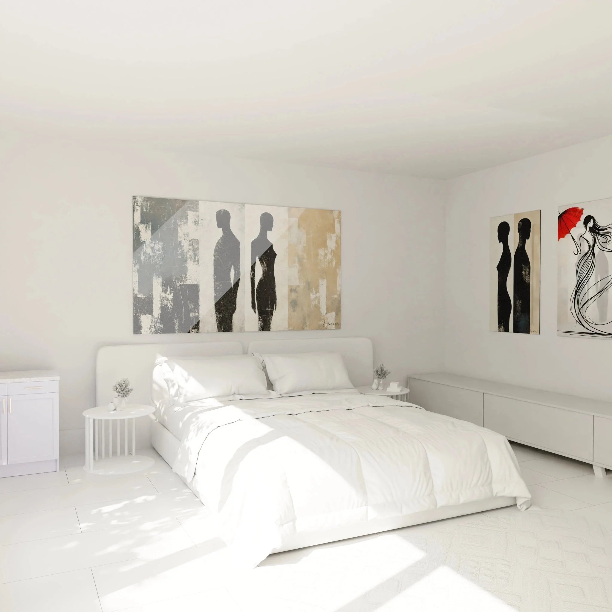 Abstraktes Wandbild Silhouetten im Schlafzimmer, stilvolle Wandgestaltung mit Körpermotiven