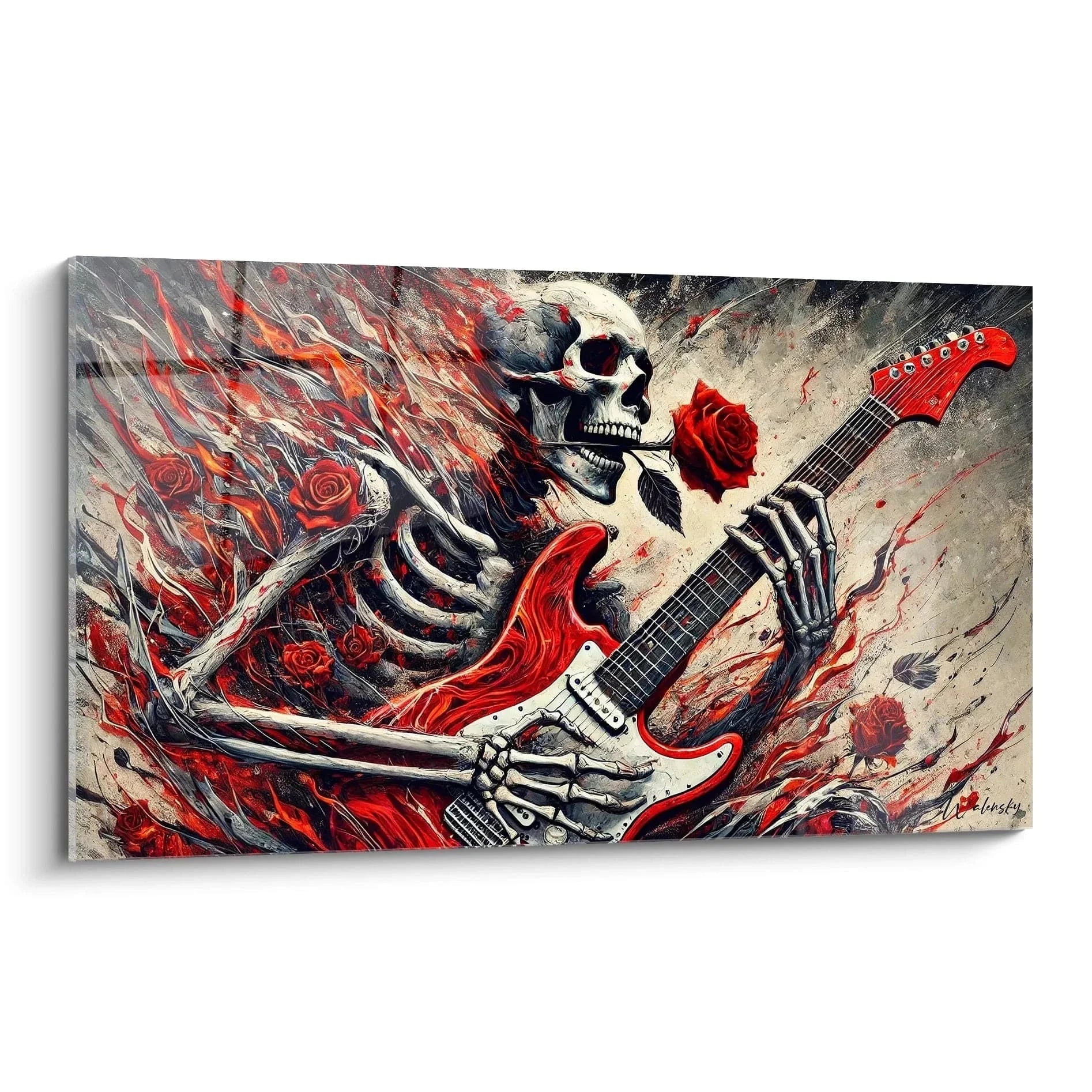 Wandbild Skelett Gitarrist mit roter E-Gitarre und flammenden Rosen - Rock Musik Wanddeko XXL