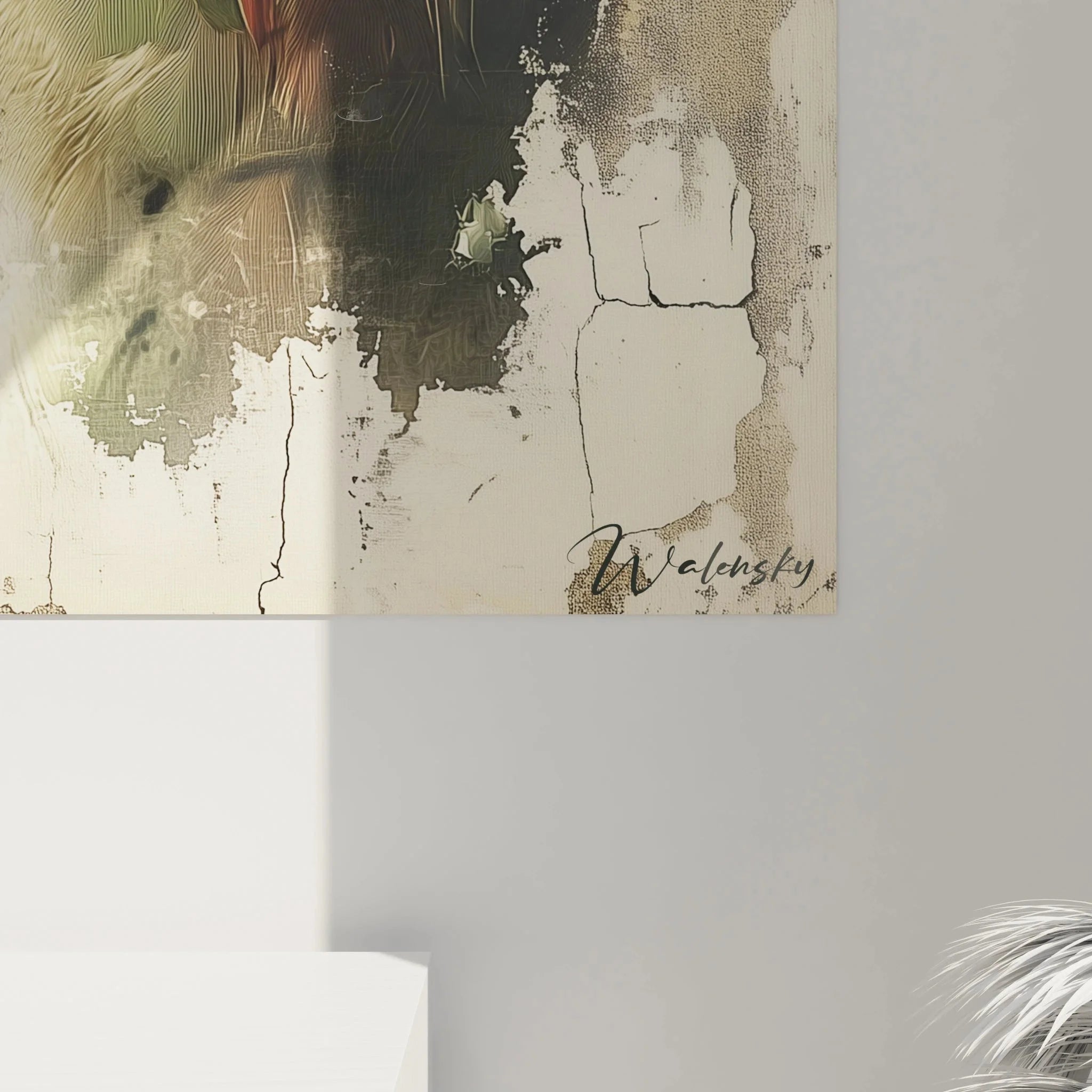 Gesamtansicht Wandbild Soldatenara - Vogel Wandkunst XXL in Grüntönen für Wohnzimmer Dekoration