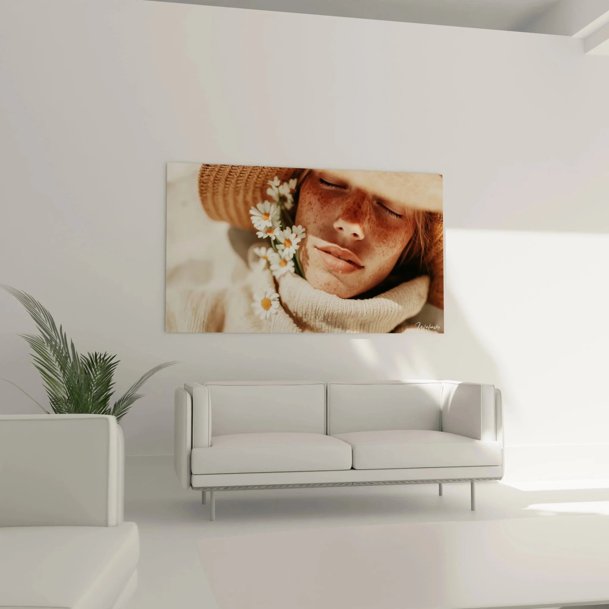 Detail Wandbild Sommerportrait - Nahaufnahme Frau mit Gänseblümchen und Sommersprossen