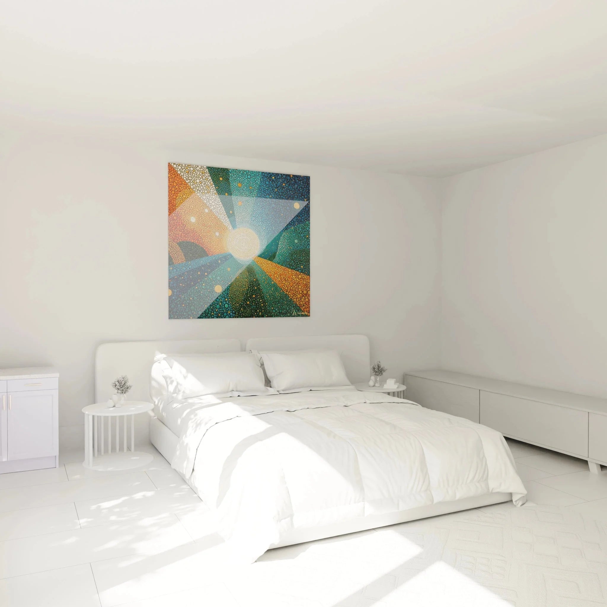 Wandbild XXL kosmische Sonne im Schlafzimmer - pointillistische Kunst in Orange und Blau